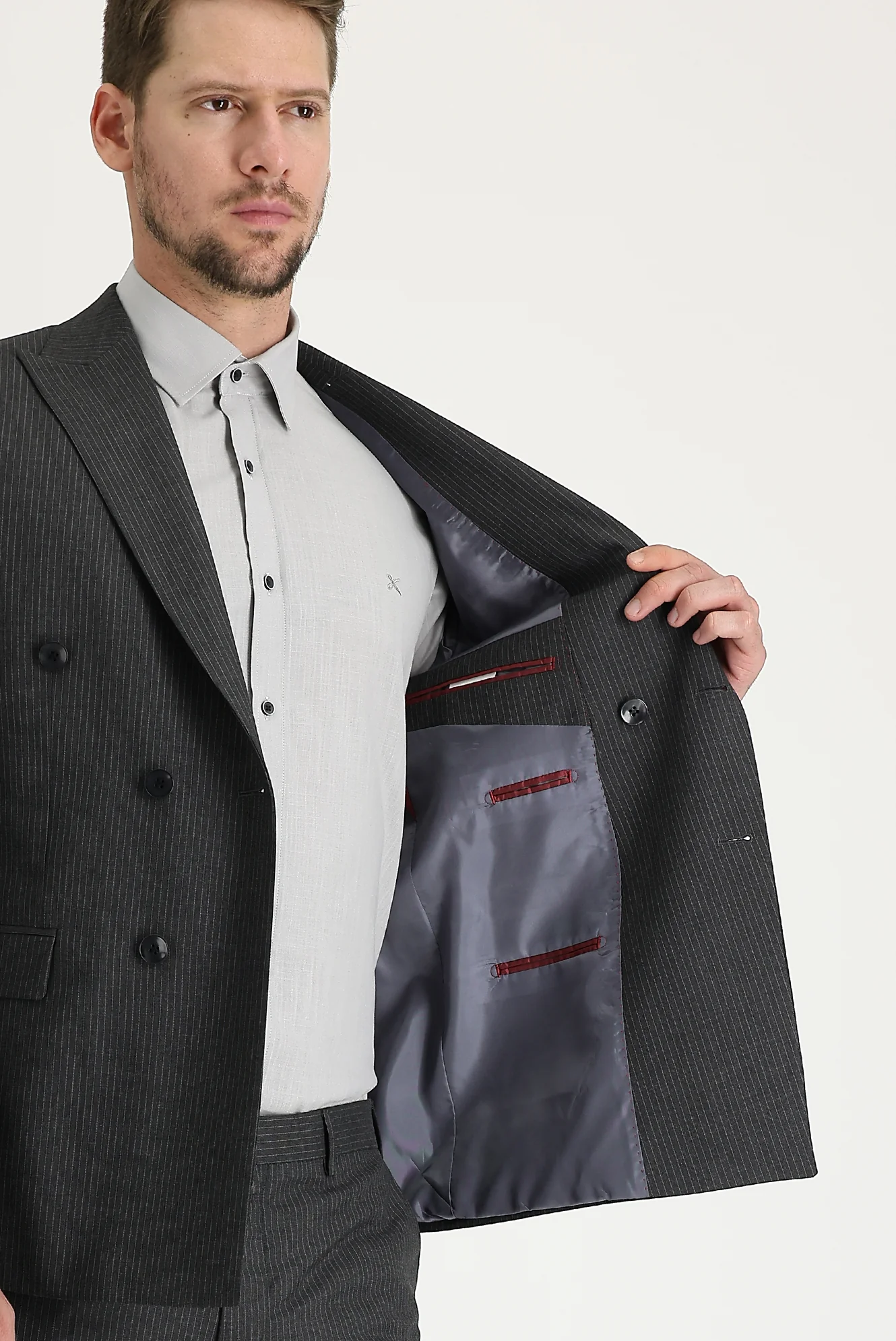 Orta Antrasit 7 Drop Slim Fit Dar Kesim Çizgili Kruvaze Takım Elbise - Image 4