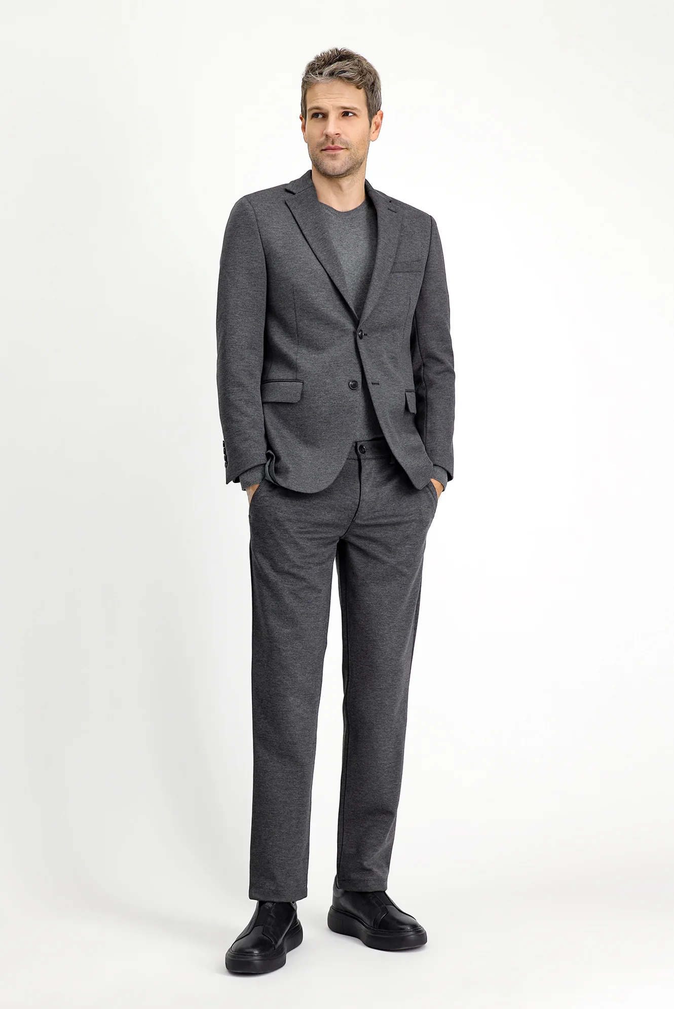 Orta Antrasit 7 Drop Slim Fit Dar Kesim Likralı Örme Klasik Kumaş Pantolon