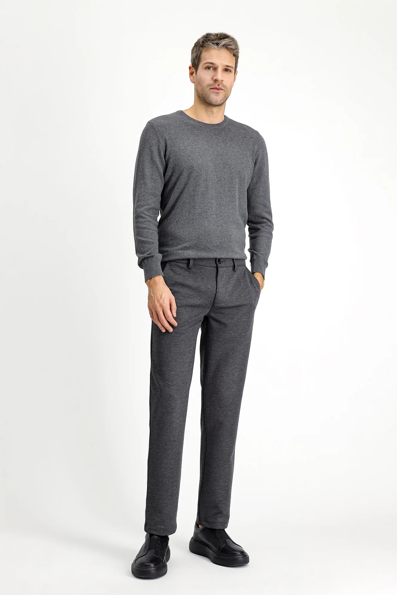 Orta Antrasit 7 Drop Slim Fit Dar Kesim Likralı Örme Klasik Kumaş Pantolon - Image 3