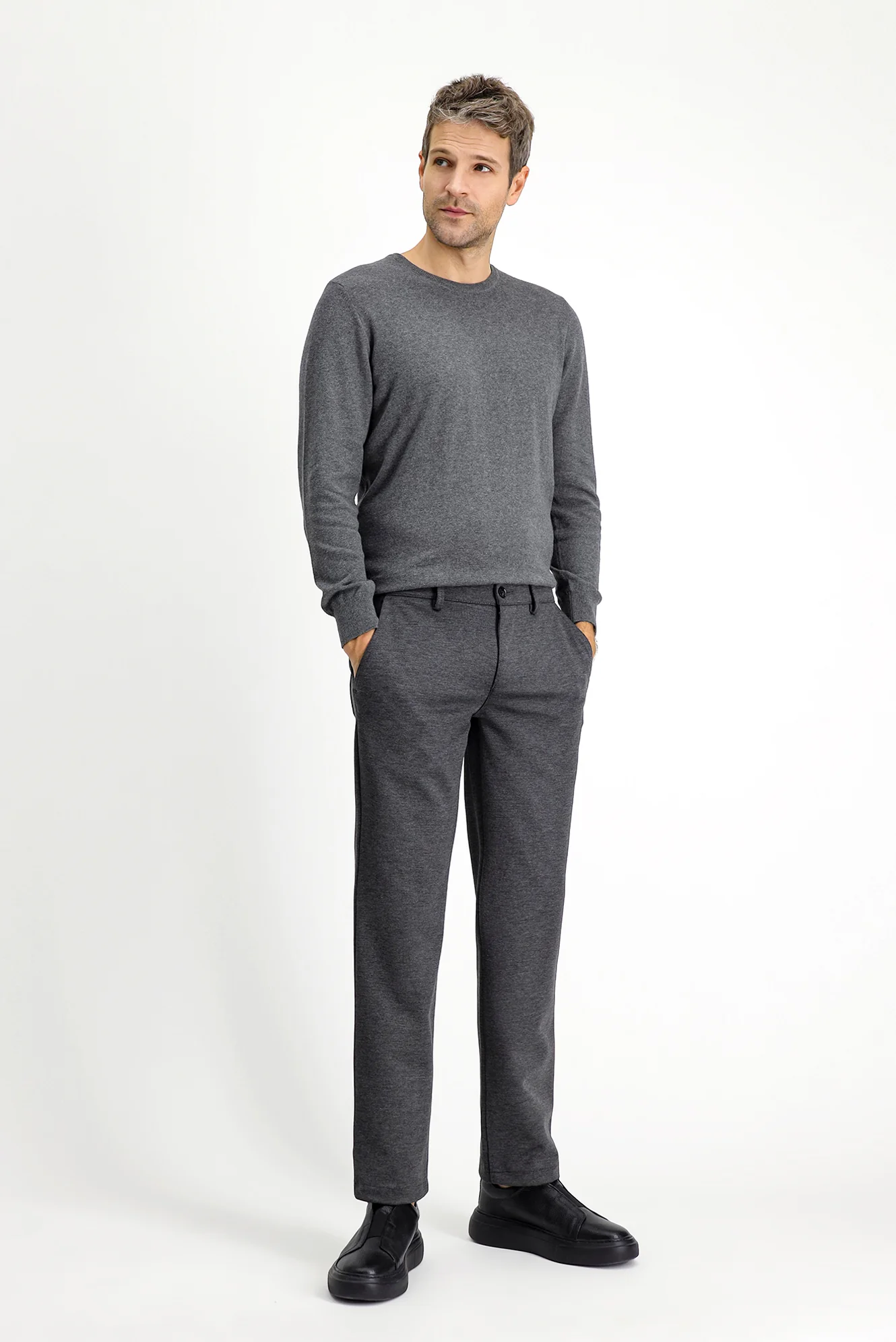 Orta Antrasit 7 Drop Slim Fit Dar Kesim Likralı Örme Klasik Kumaş Pantolon - Image 4