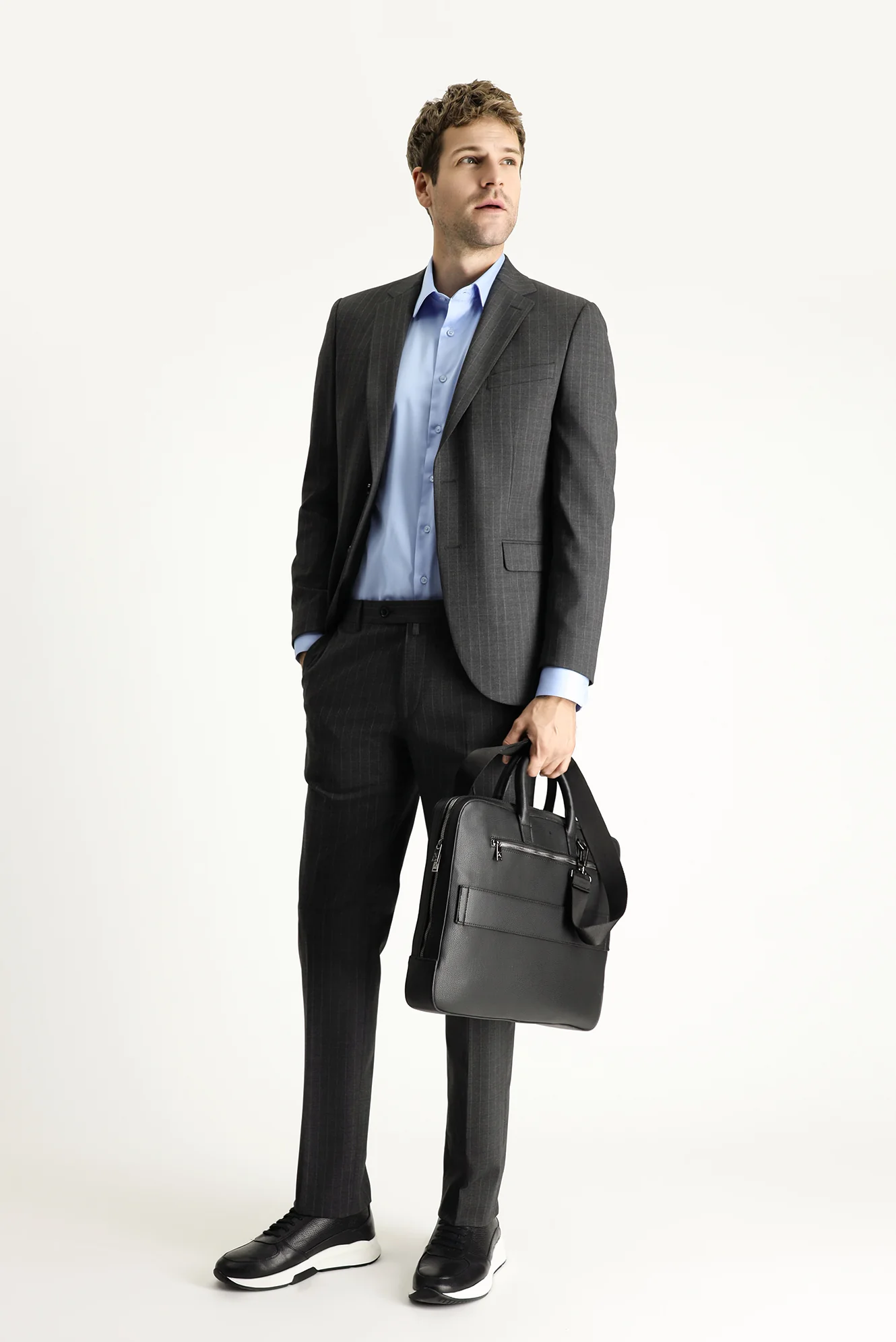 Orta Antrasit 7 Drop Slim Fit Dar Kesim Yünlü Çizgili Takım Elbise - Image 2