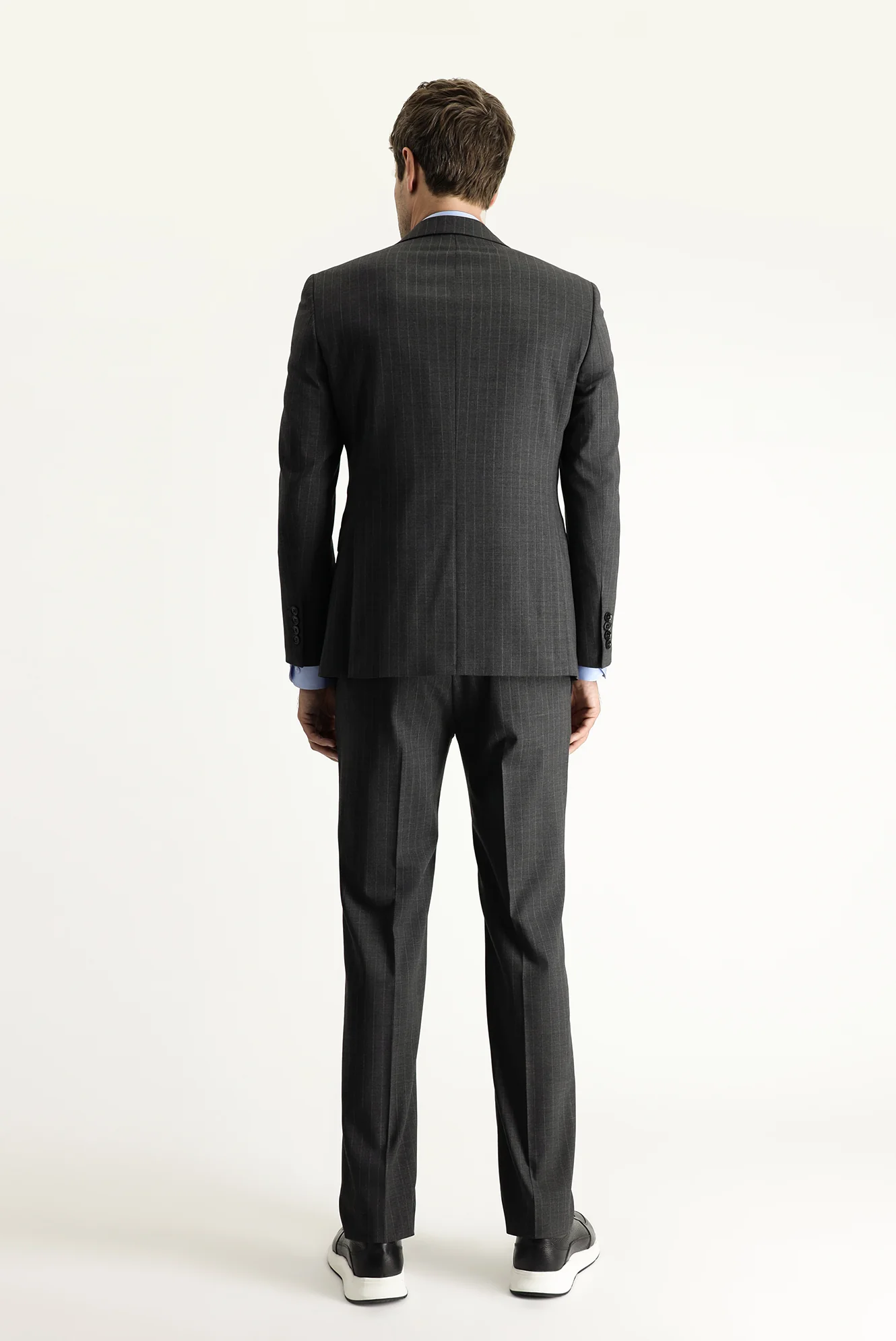 Orta Antrasit 7 Drop Slim Fit Dar Kesim Yünlü Çizgili Takım Elbise - Image 4