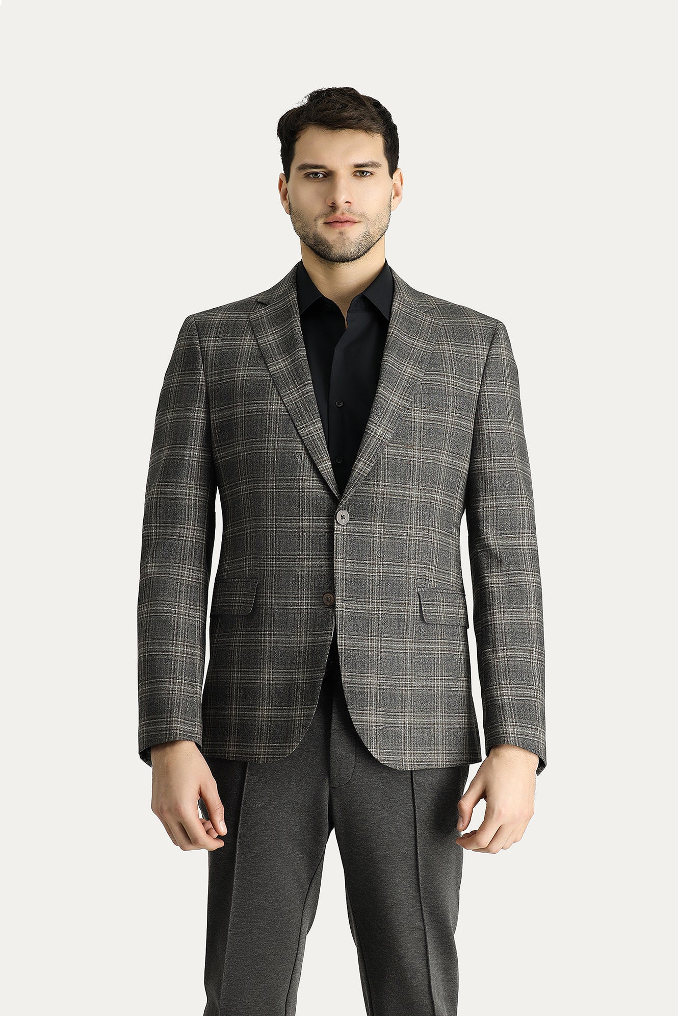 Orta Antrasit 7 Drop Slim Fit Dar Kesim Yünlü Klasik Ekose Ceket - Image 3