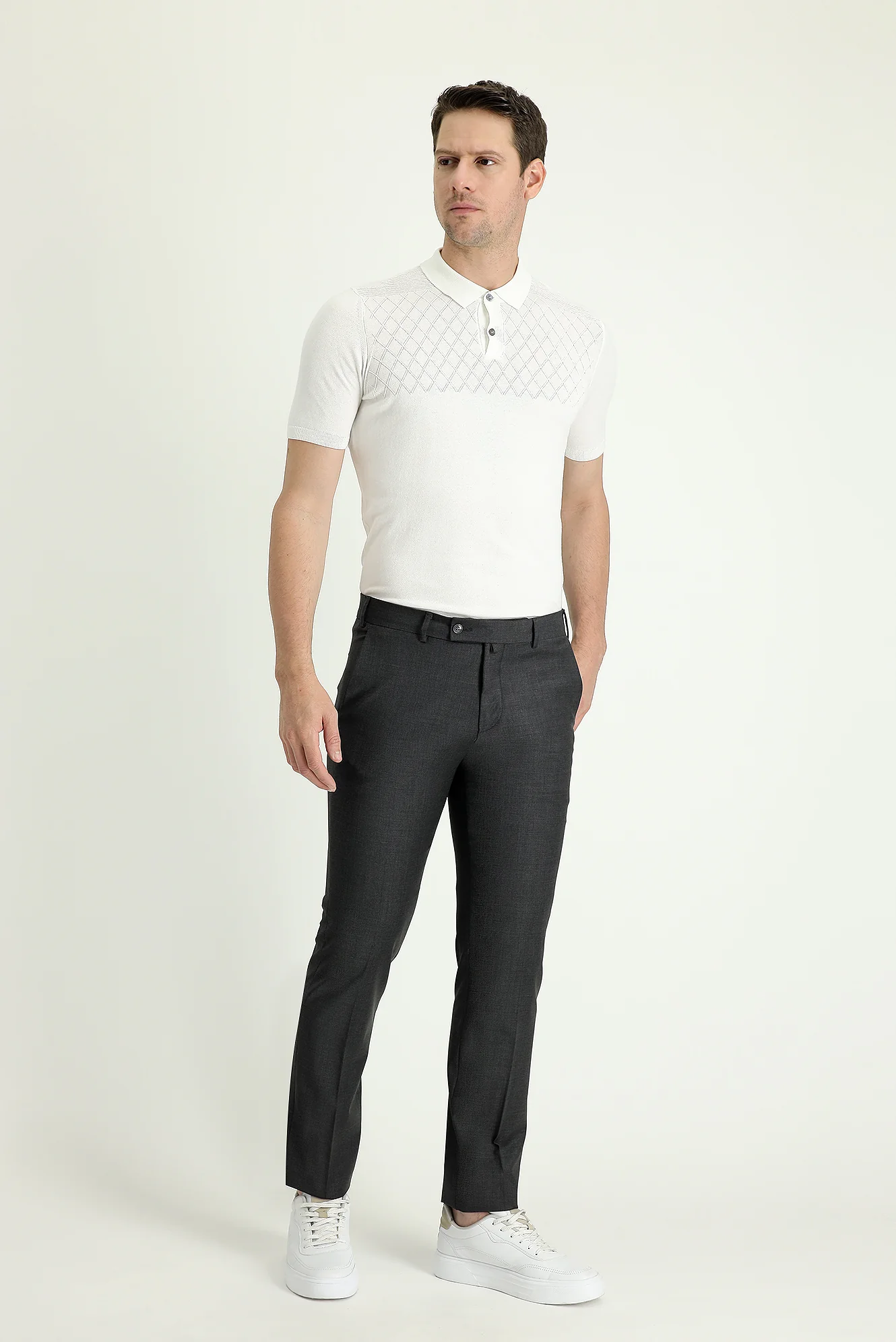 Orta Antrasit 7 Drop Slim Fit Dar Kesim Yünlü Klasik Kumaş Pantolon