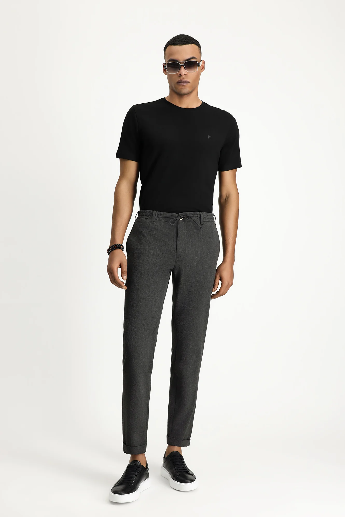 Orta Antrasit 7 Drop Super Slim Fit Eksra Dar Kesim Beli Lastikli İpli Gofre Likralı Klasik Kumaş Pantolon