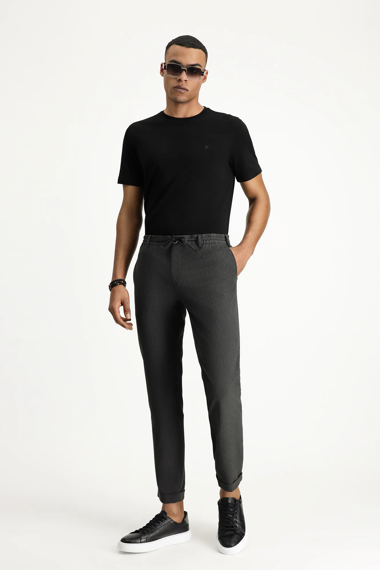 Orta Antrasit 7 Drop Super Slim Fit Eksra Dar Kesim Beli Lastikli İpli Gofre Likralı Klasik Kumaş Pantolon - Image 3