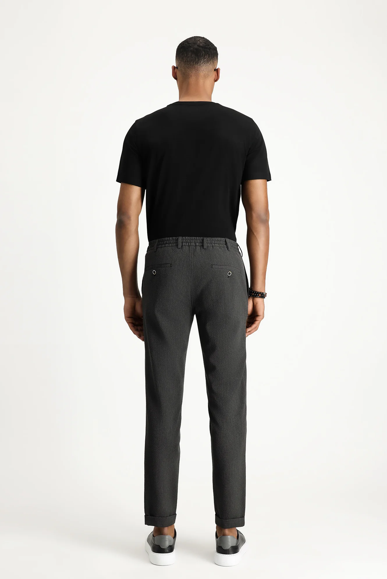 Orta Antrasit 7 Drop Super Slim Fit Eksra Dar Kesim Beli Lastikli İpli Gofre Likralı Klasik Kumaş Pantolon - Image 4