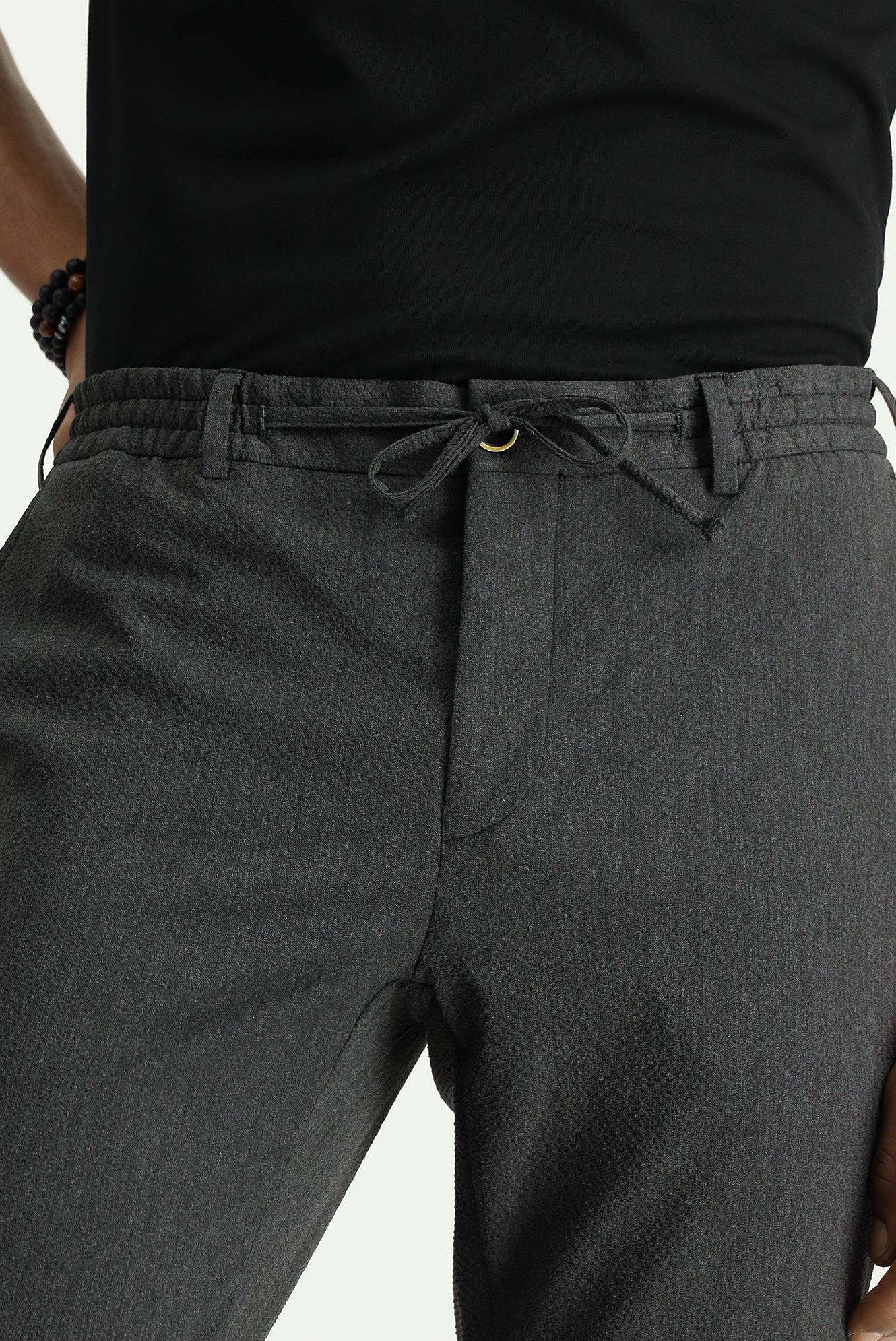 Orta Antrasit 7 Drop Super Slim Fit Eksra Dar Kesim Beli Lastikli İpli Gofre Likralı Klasik Kumaş Pantolon - Image 5