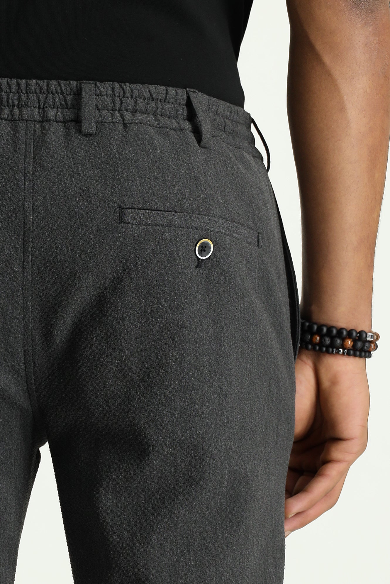 Orta Antrasit 7 Drop Super Slim Fit Eksra Dar Kesim Beli Lastikli İpli Gofre Likralı Klasik Kumaş Pantolon - Image 6