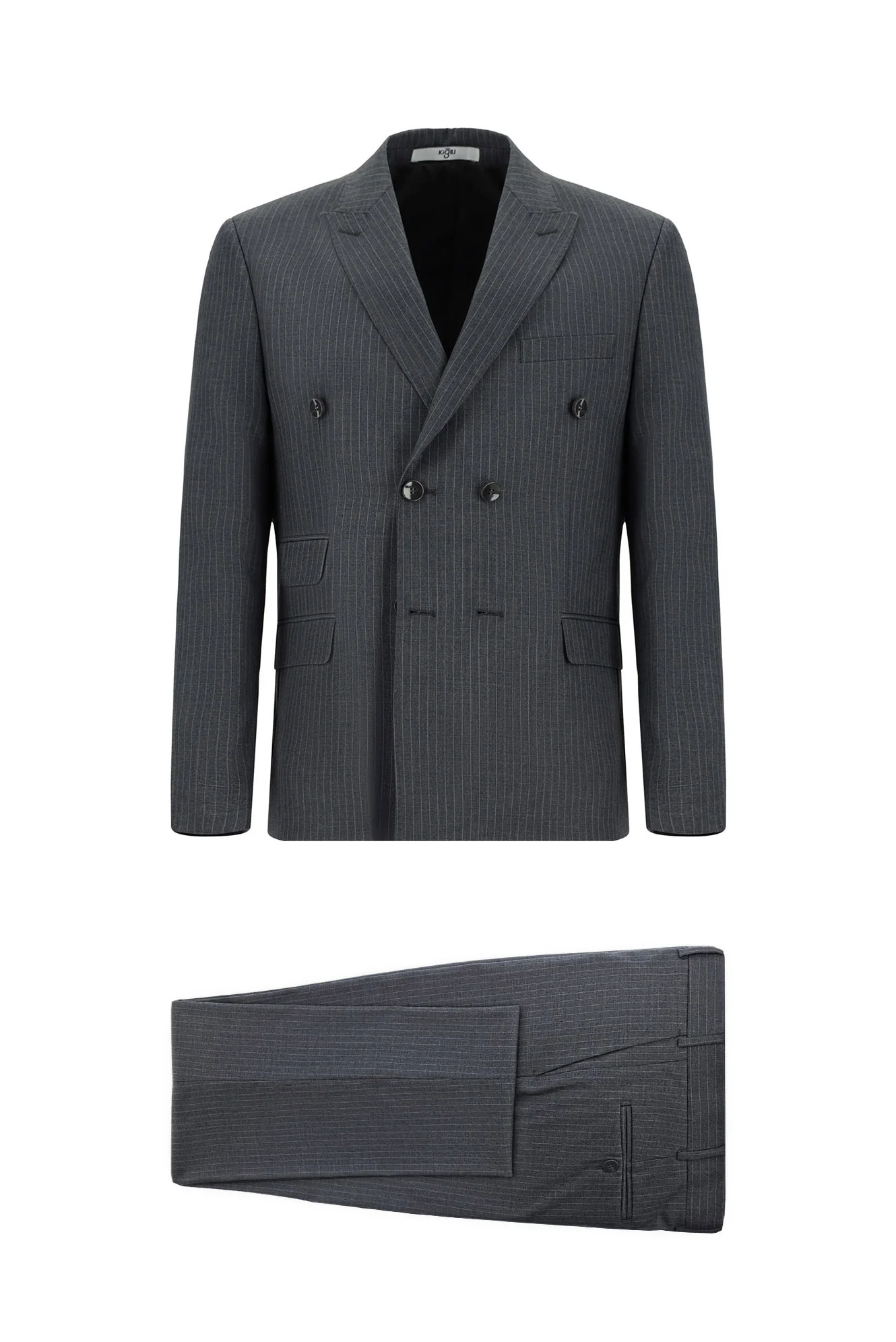 Orta Antrasit 7 Drop Super Slim Fit Eksra Dar Kesim Çizgili Kruvaze Takım Elbise