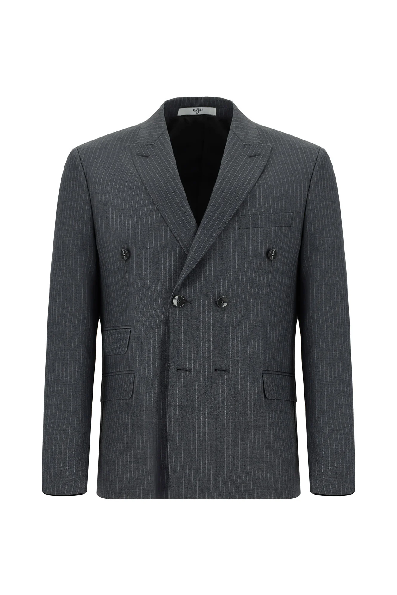 Orta Antrasit 7 Drop Super Slim Fit Eksra Dar Kesim Çizgili Kruvaze Takım Elbise - Image 2