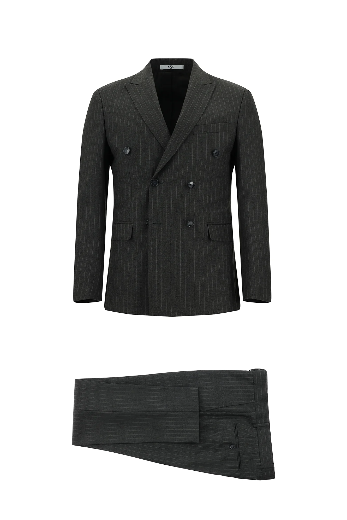 Orta Antrasit 7 Drop Super Slim Fit Eksra Dar Kesim Çizgili Kruvaze Takım Elbise