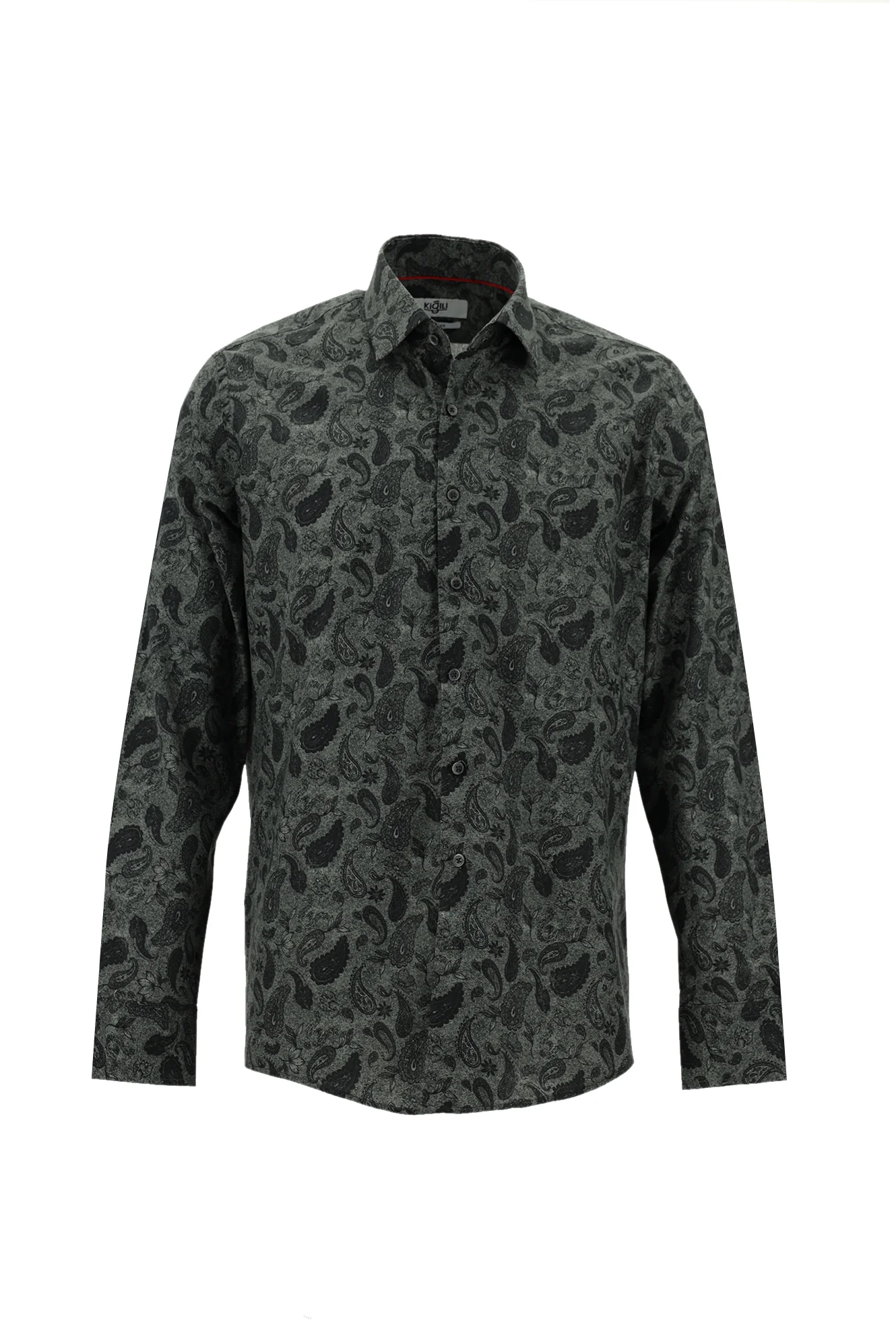 Orta Antrasit Uzun Kol Slim Fit Dar Kesim Baskılı Pamuk Spor Gömlek