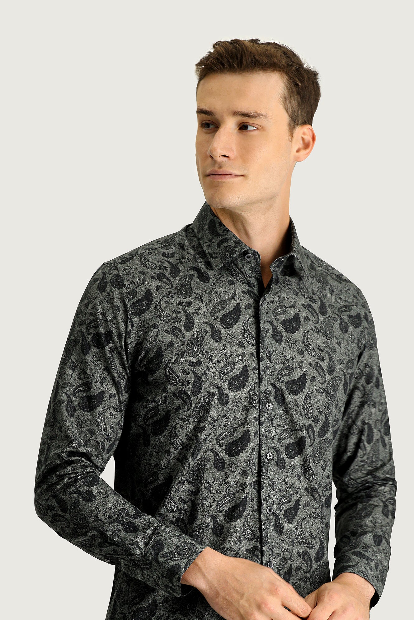 Orta Antrasit Uzun Kol Slim Fit Dar Kesim Baskılı Pamuk Spor Gömlek - Image 2