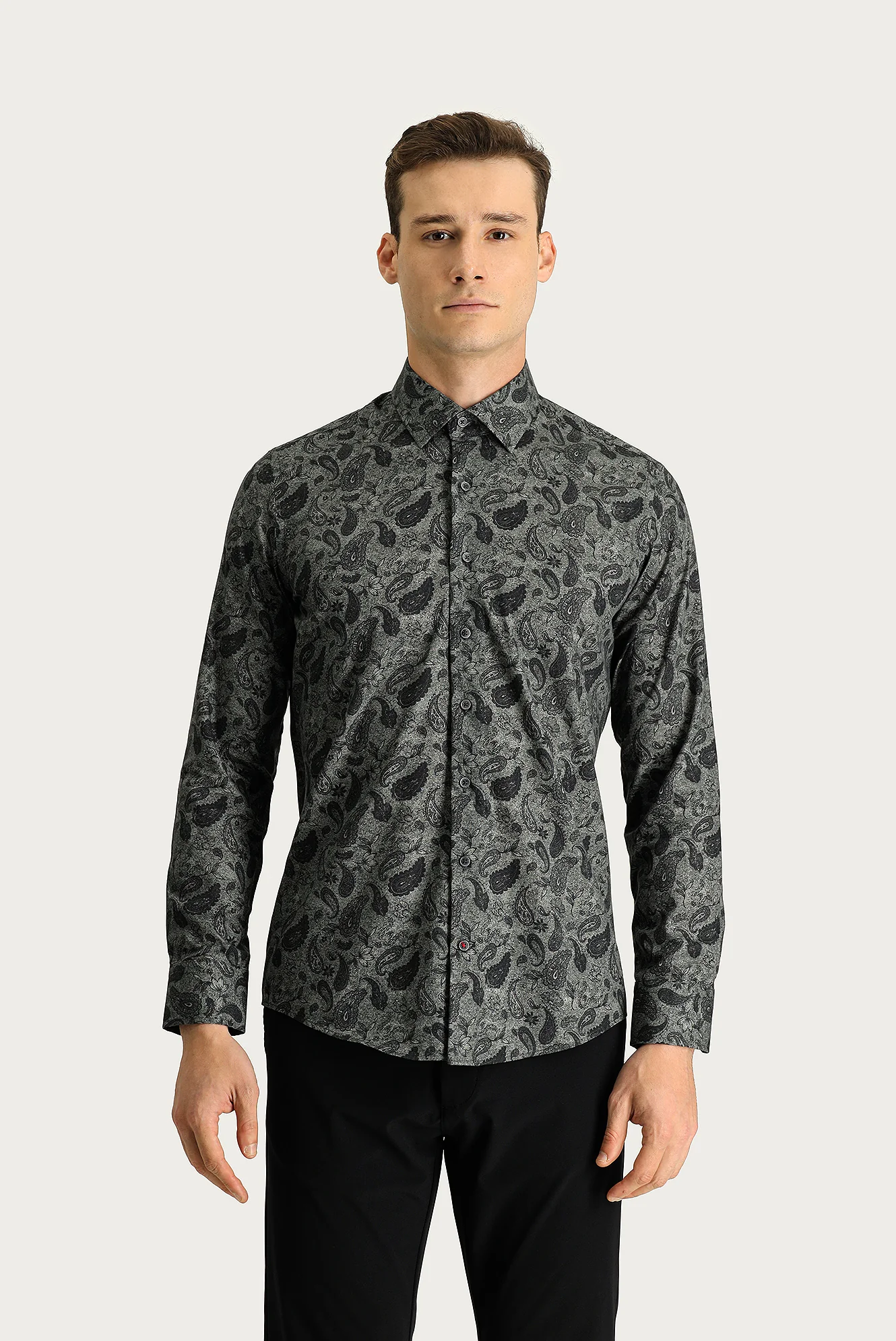 Orta Antrasit Uzun Kol Slim Fit Dar Kesim Baskılı Pamuk Spor Gömlek - Image 4