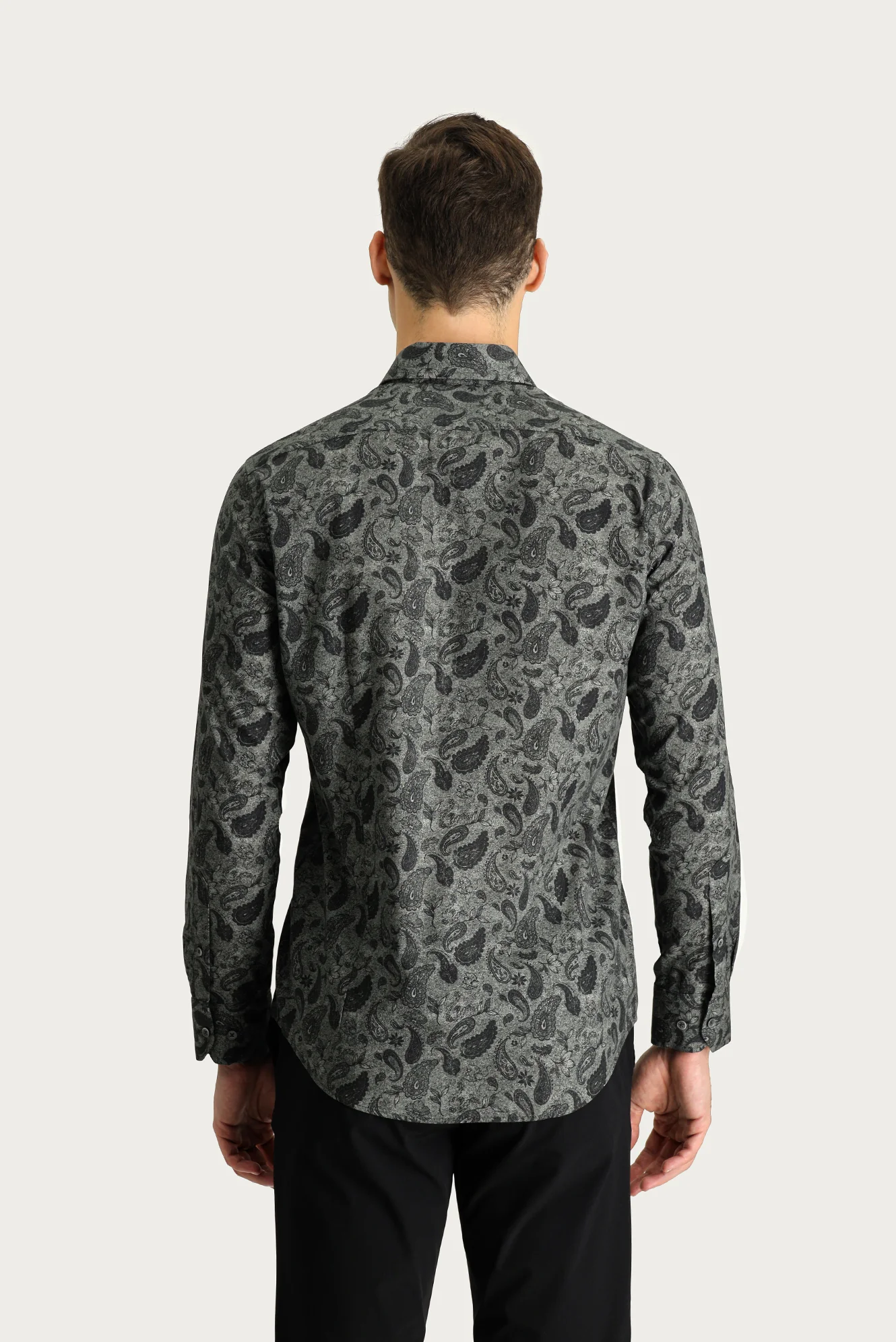 Orta Antrasit Uzun Kol Slim Fit Dar Kesim Baskılı Pamuk Spor Gömlek - Image 5