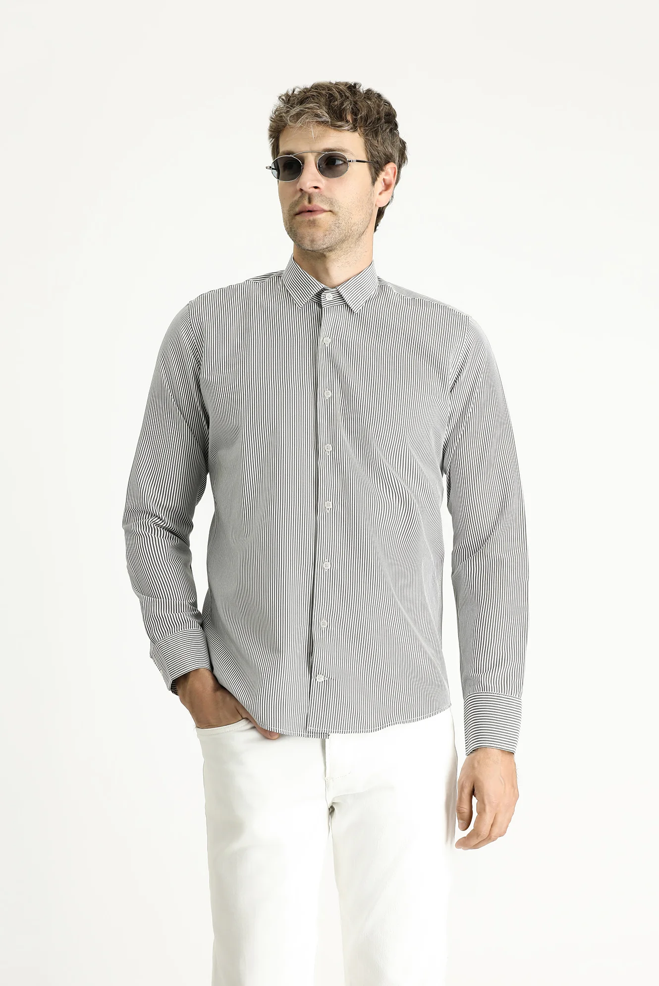 Orta Antrasit Uzun Kol Slim Fit Dar Kesim Çizgili Pamuklu Kolay Ütülenebilir Gömlek - Image 3