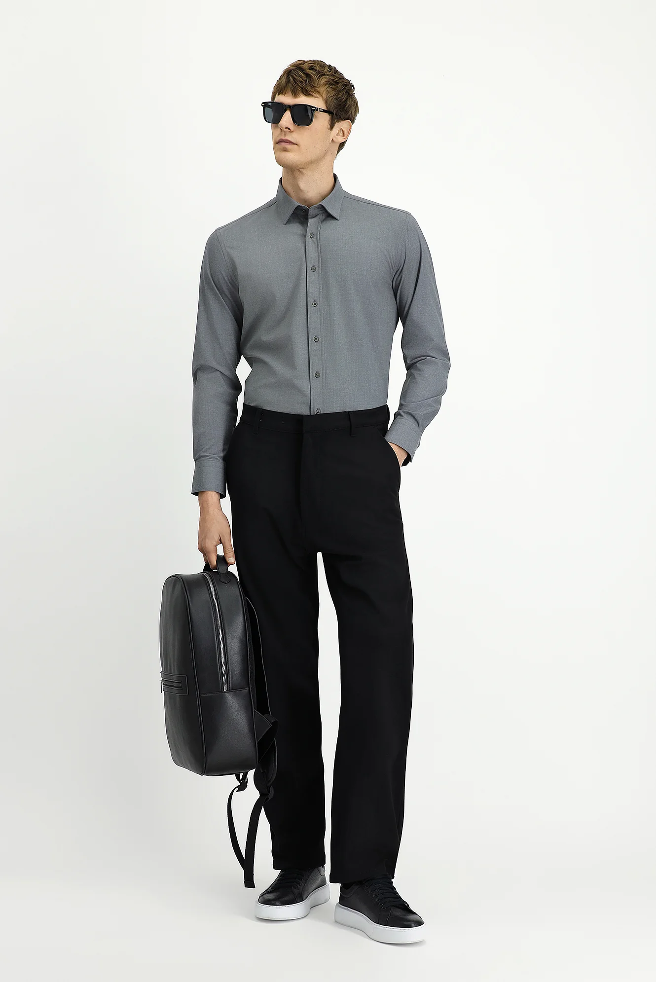 Orta Antrasit Uzun Kol Slim Fit Dar Kesim Pamuklu Gömlek - Image 2