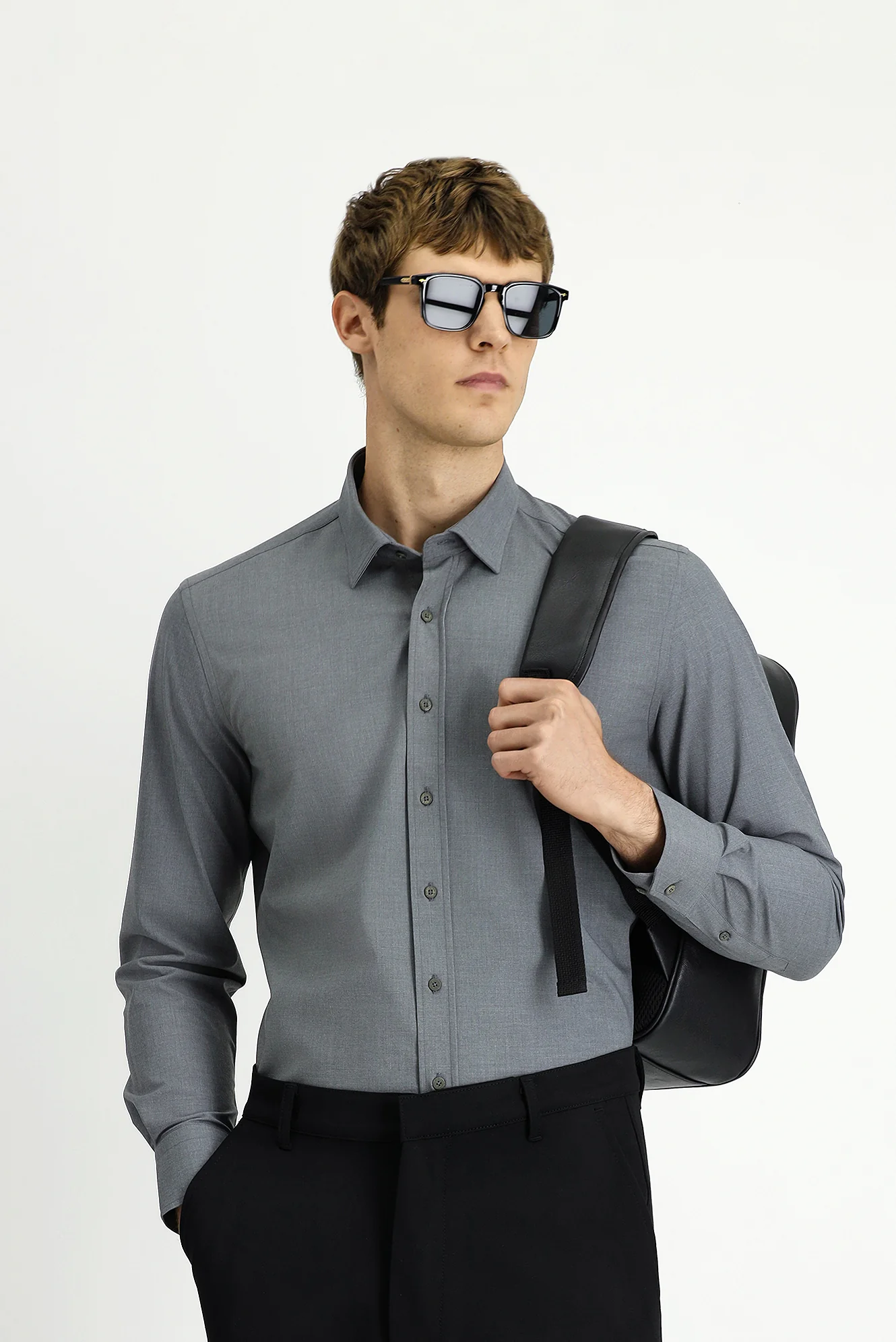 Orta Antrasit Uzun Kol Slim Fit Dar Kesim Pamuklu Gömlek - Image 4