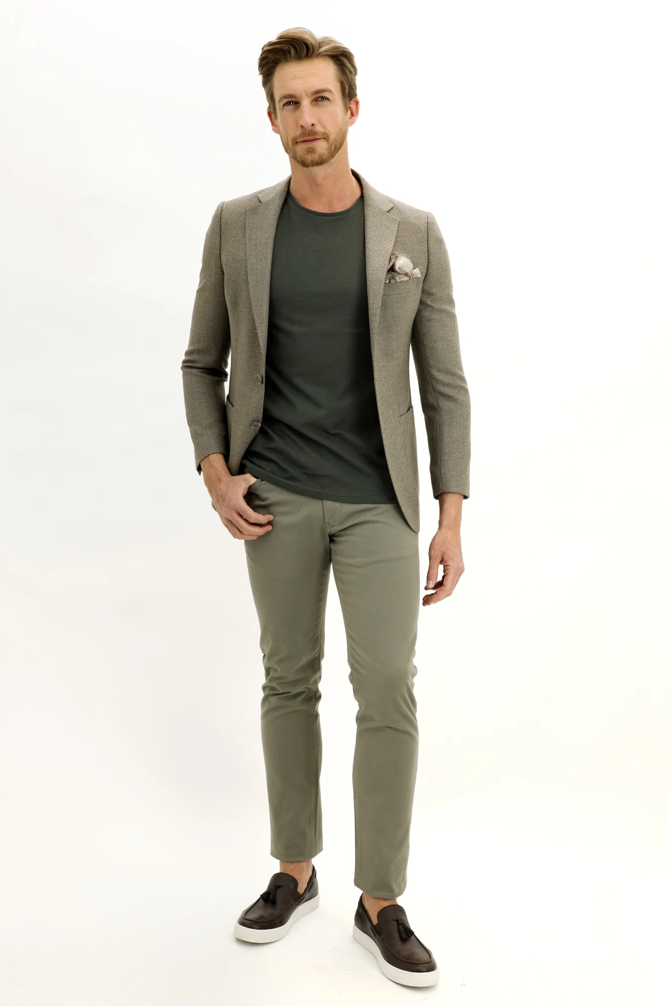 Orta Bej 4 Drop Relaxed Fit Rahat Kesim Balıksırtı Ceket - Image 2