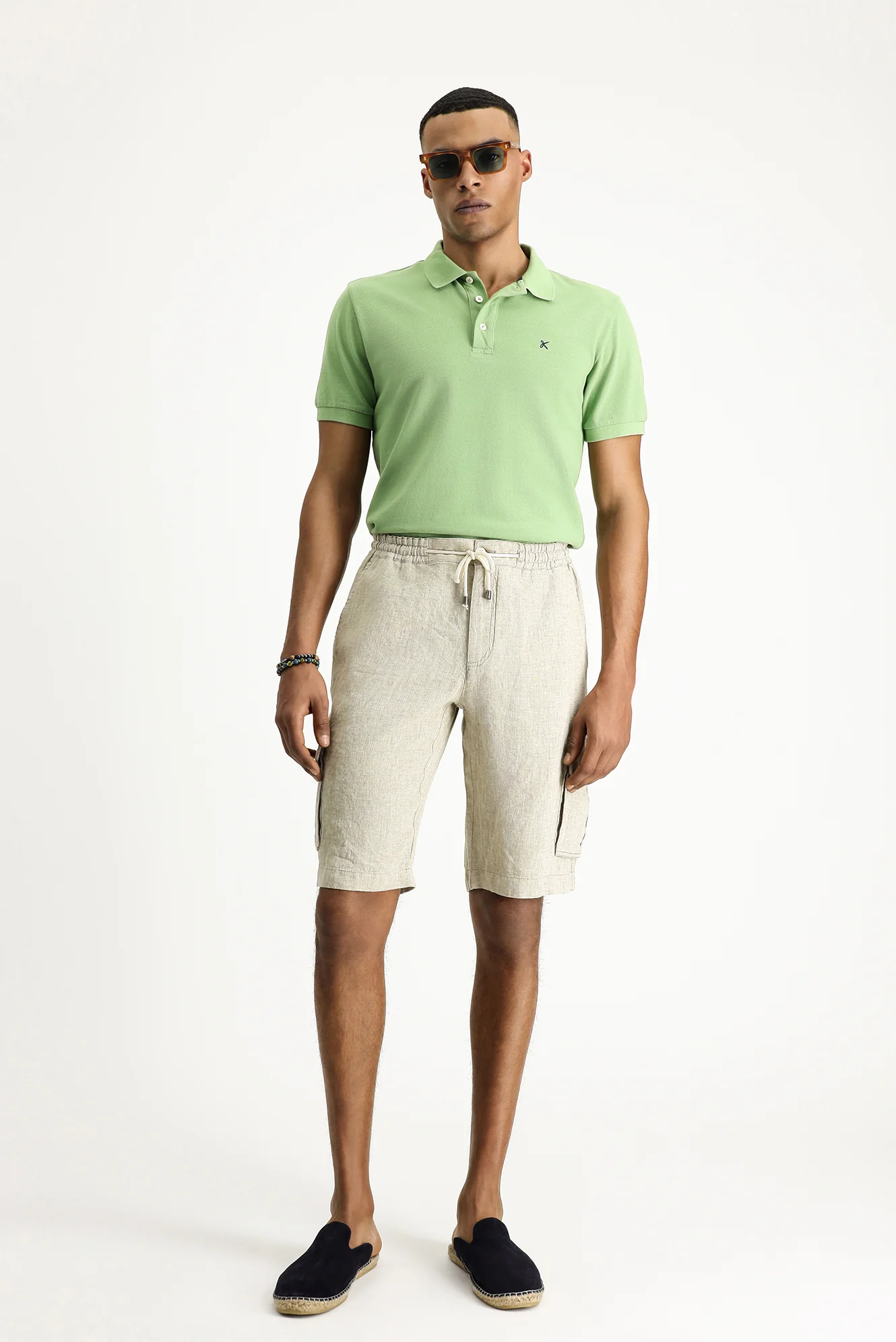 Orta Bej Relaxed Fit Rahat Kesim Keten Bermuda Şort - Image 4