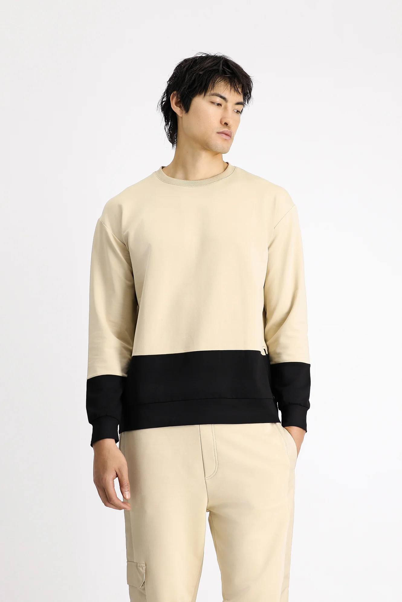 Orta Bej Bisiklet Yaka Oversize Desenli Pamuklu Sweatshirt - Image 3