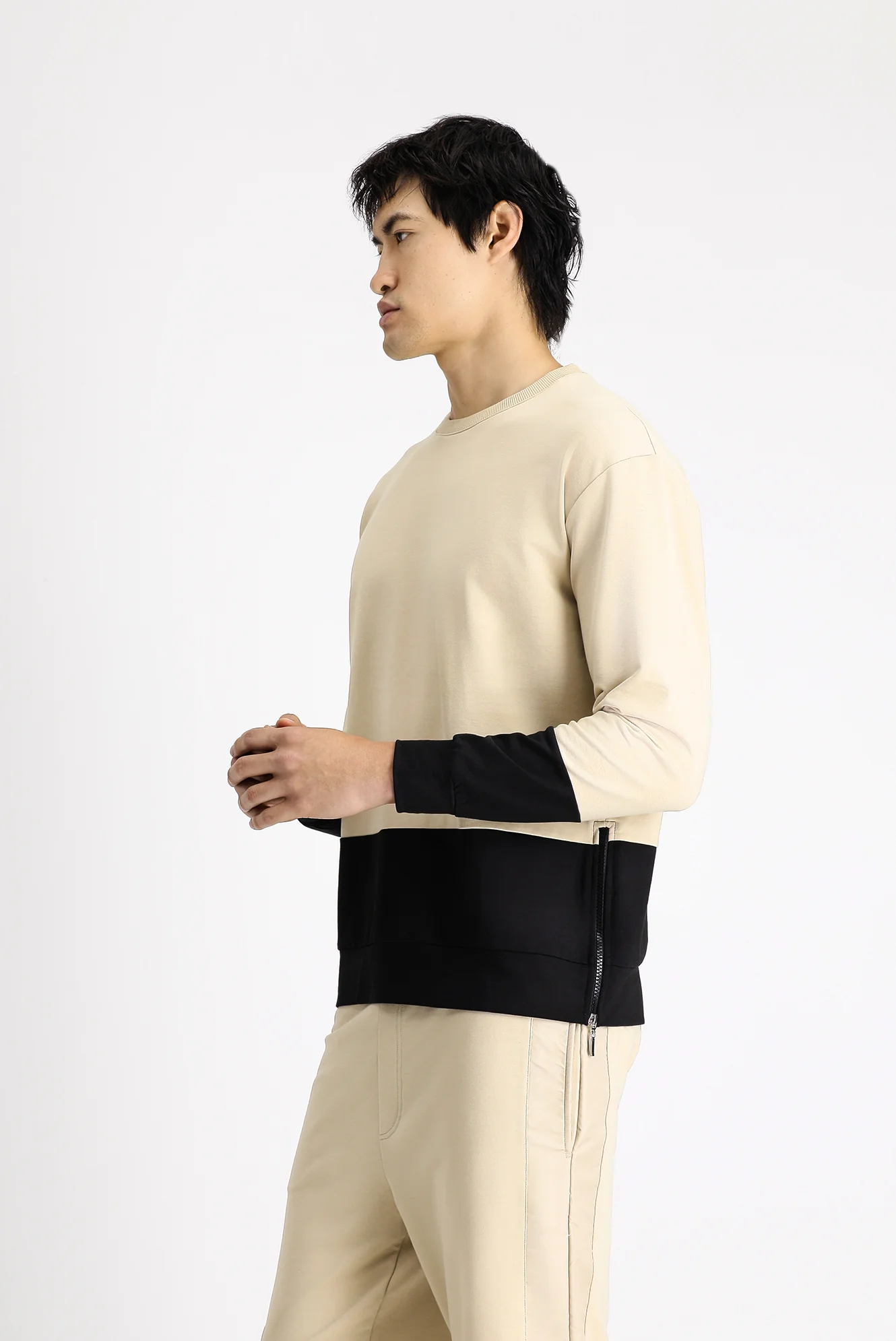 Orta Bej Bisiklet Yaka Oversize Desenli Pamuklu Sweatshirt - Image 4