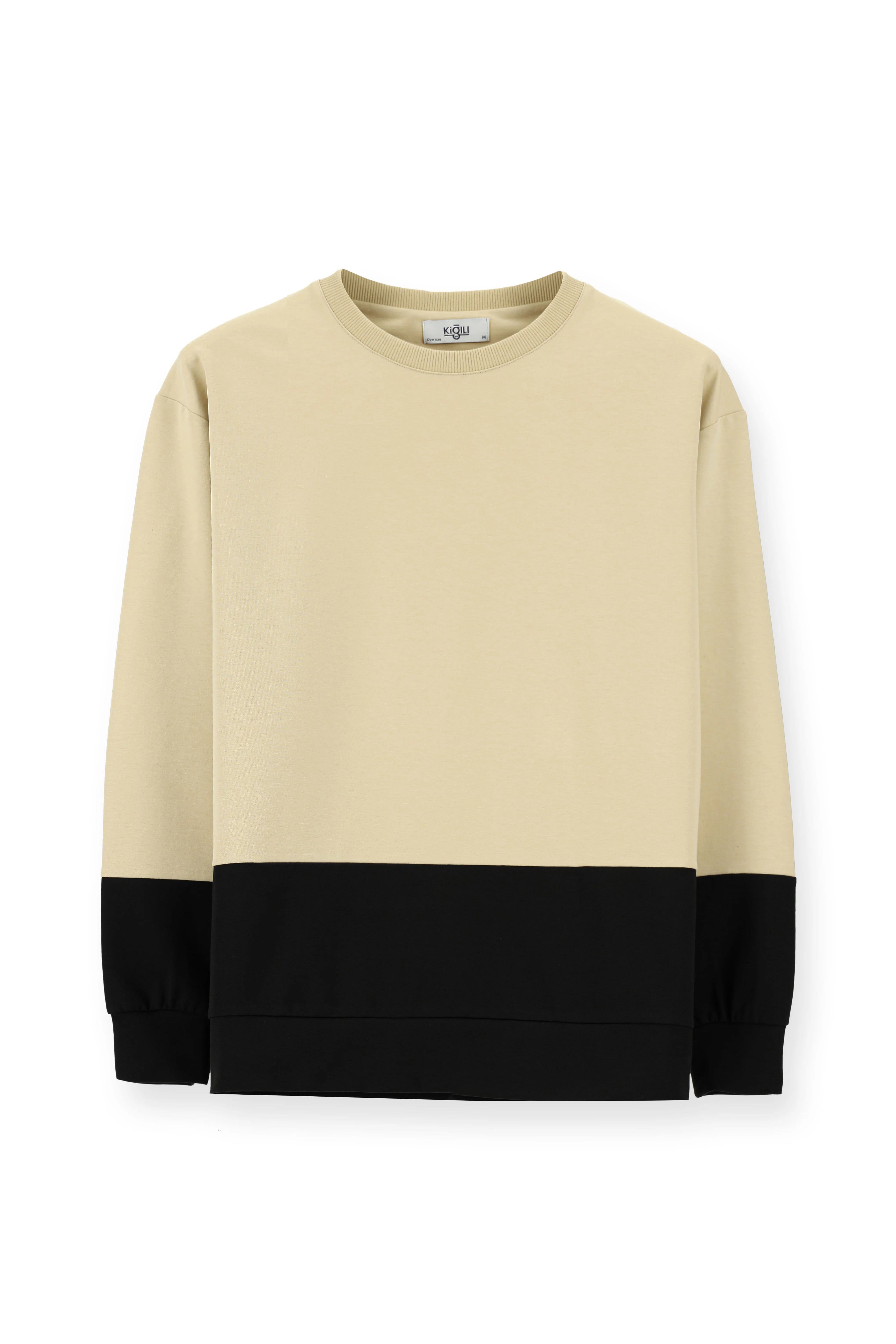 Orta Bej Bisiklet Yaka Oversize Desenli Pamuklu Sweatshirt - Image 8