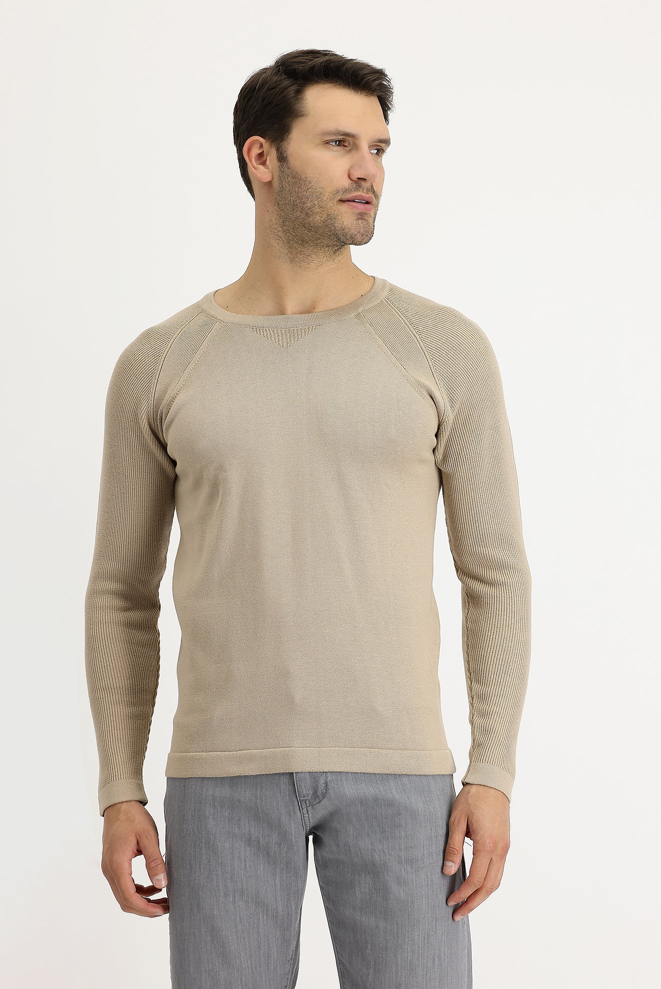 Orta Bej Bisiklet Yaka Slim Fit Desenli Pamuklu Triko Kazak - Image 2
