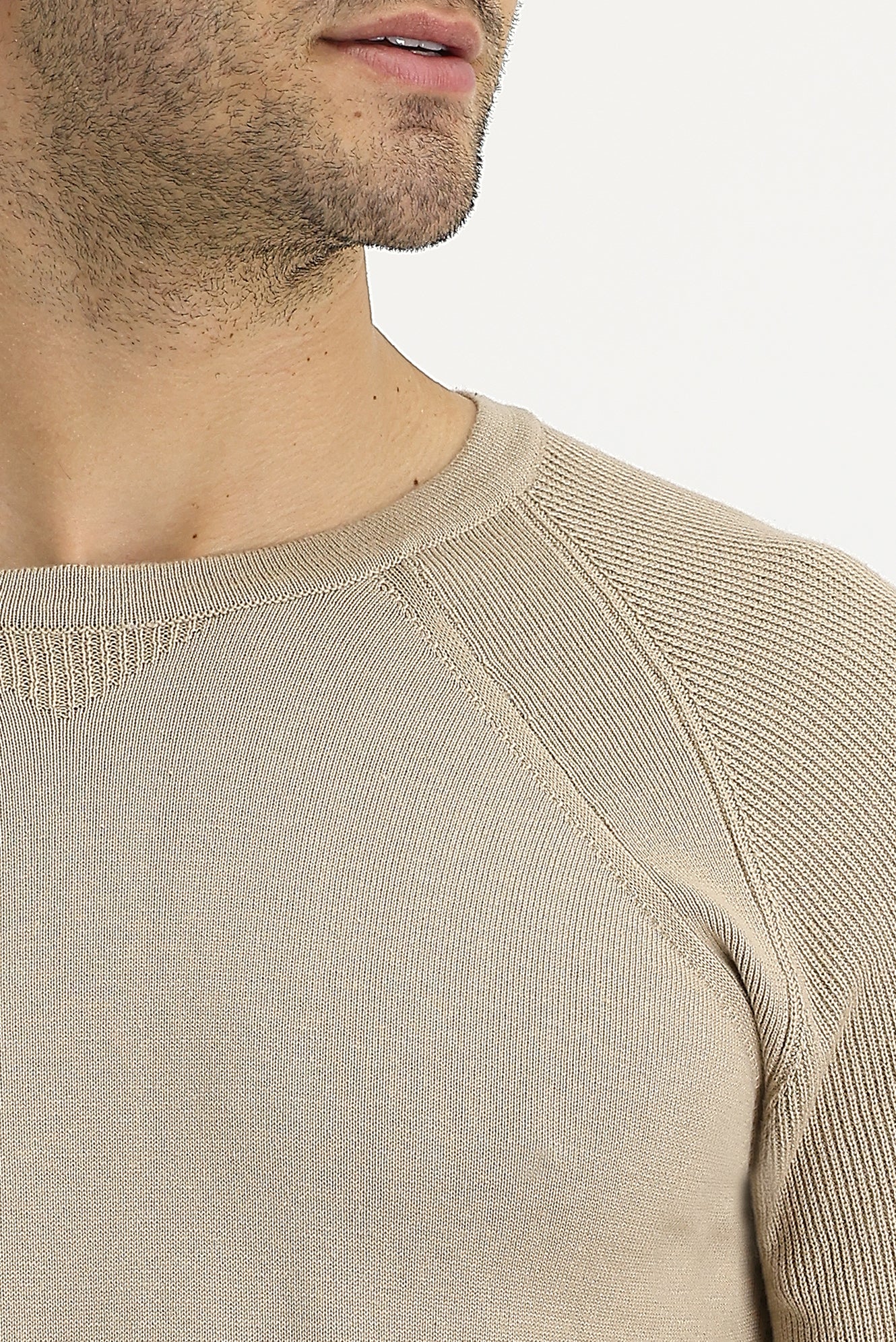 Orta Bej Bisiklet Yaka Slim Fit Desenli Pamuklu Triko Kazak - Image 3
