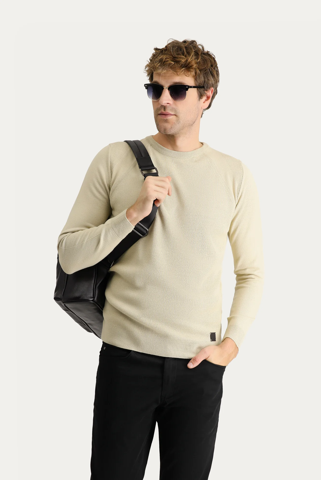 Orta Bej Bisiklet Yaka Slim Fit Dar Kesim Desenli Triko Kazak - Image 2