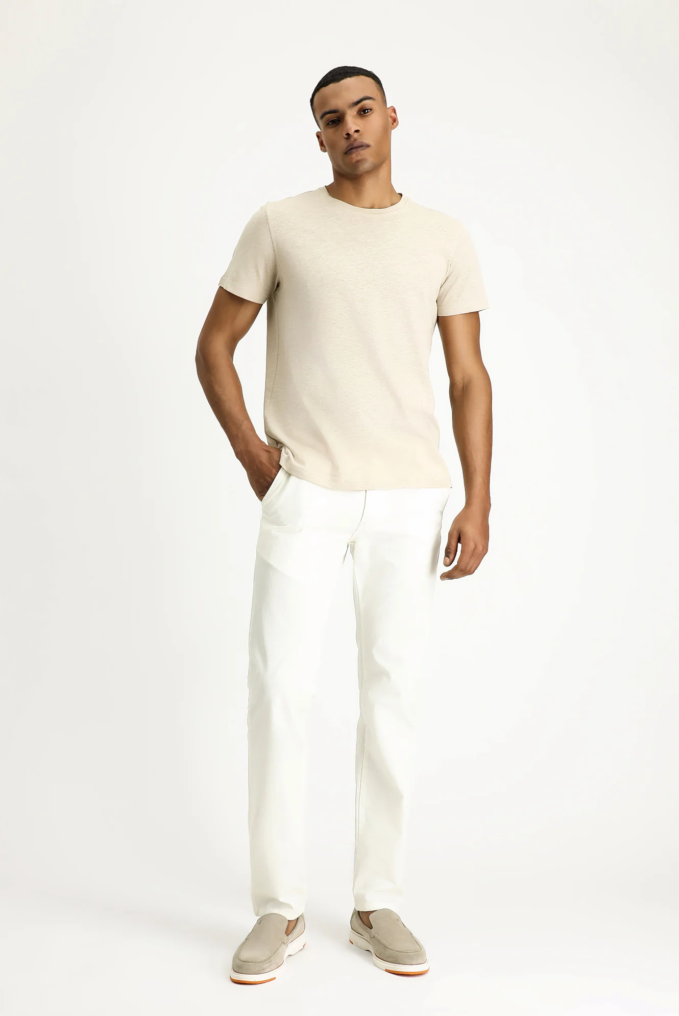 Orta Bej Bisiklet Yaka Slim Fit Dar Kesim Keten Karışımlı Tişört - Image 2