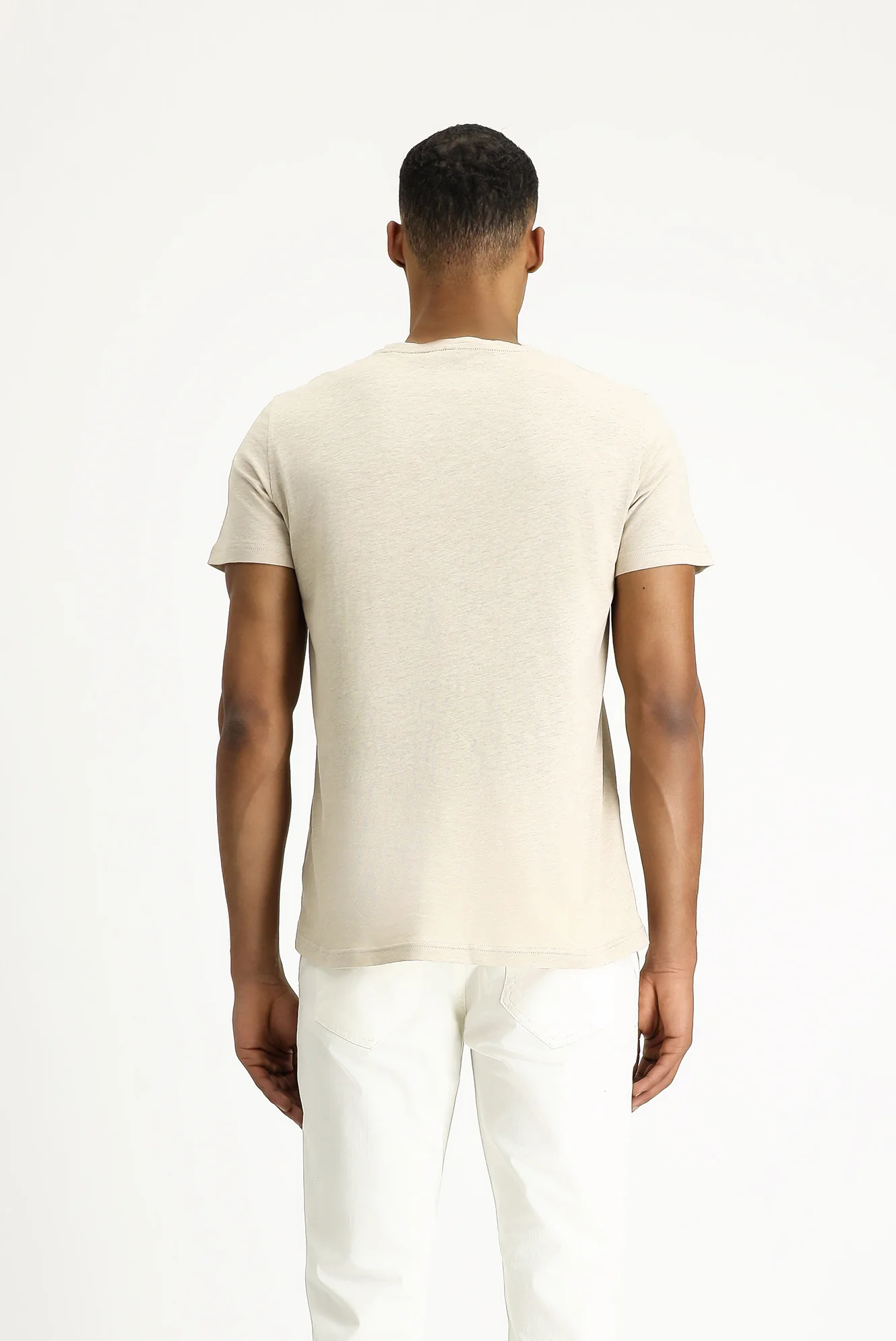 Orta Bej Bisiklet Yaka Slim Fit Dar Kesim Keten Karışımlı Tişört - Image 3