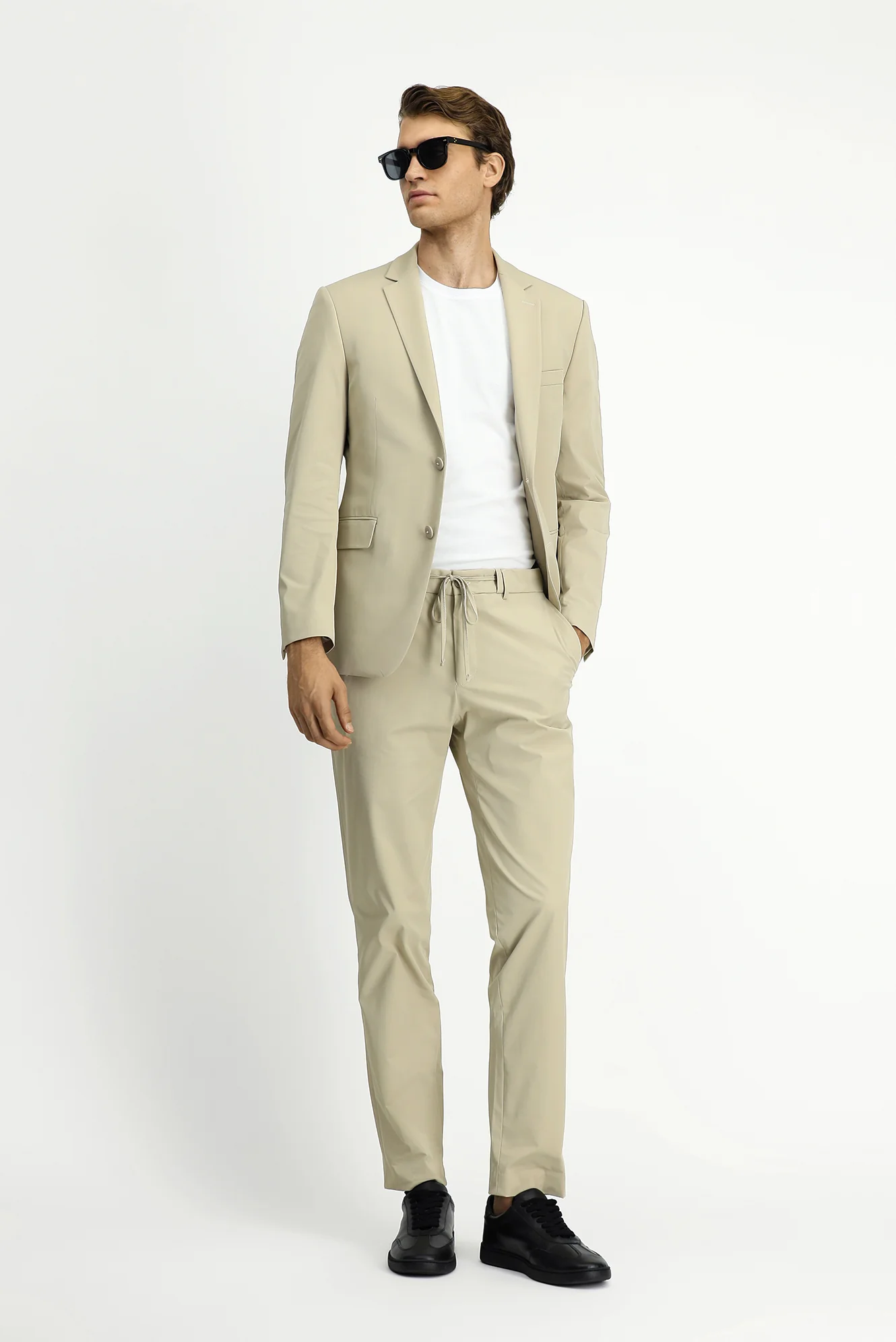 Orta Bej Techno-Line 7 Drop Super Slim Fit Eksra Dar Kesim Beli Lastikli İpli Çantalı Likralı Takım Elbise - Image 3