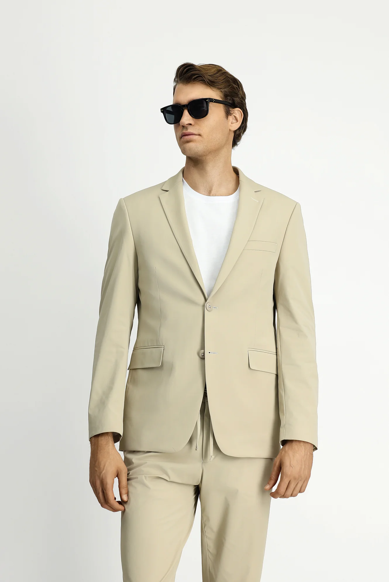 Orta Bej Techno-Line 7 Drop Super Slim Fit Eksra Dar Kesim Beli Lastikli İpli Çantalı Likralı Takım Elbise - Image 4