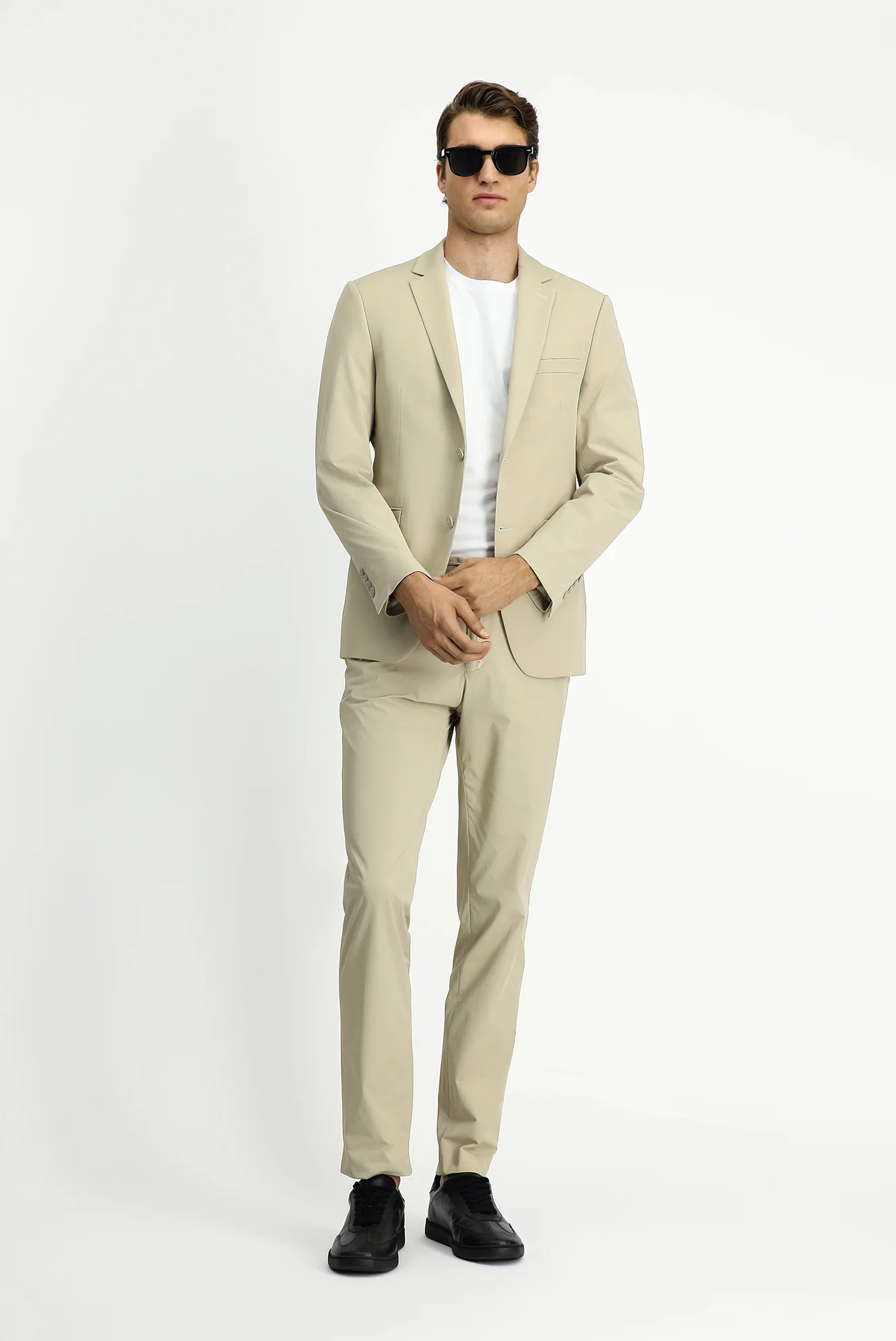 Orta Bej Techno-Line 7 Drop Super Slim Fit Eksra Dar Kesim Beli Lastikli İpli Çantalı Likralı Takım Elbise - Image 5