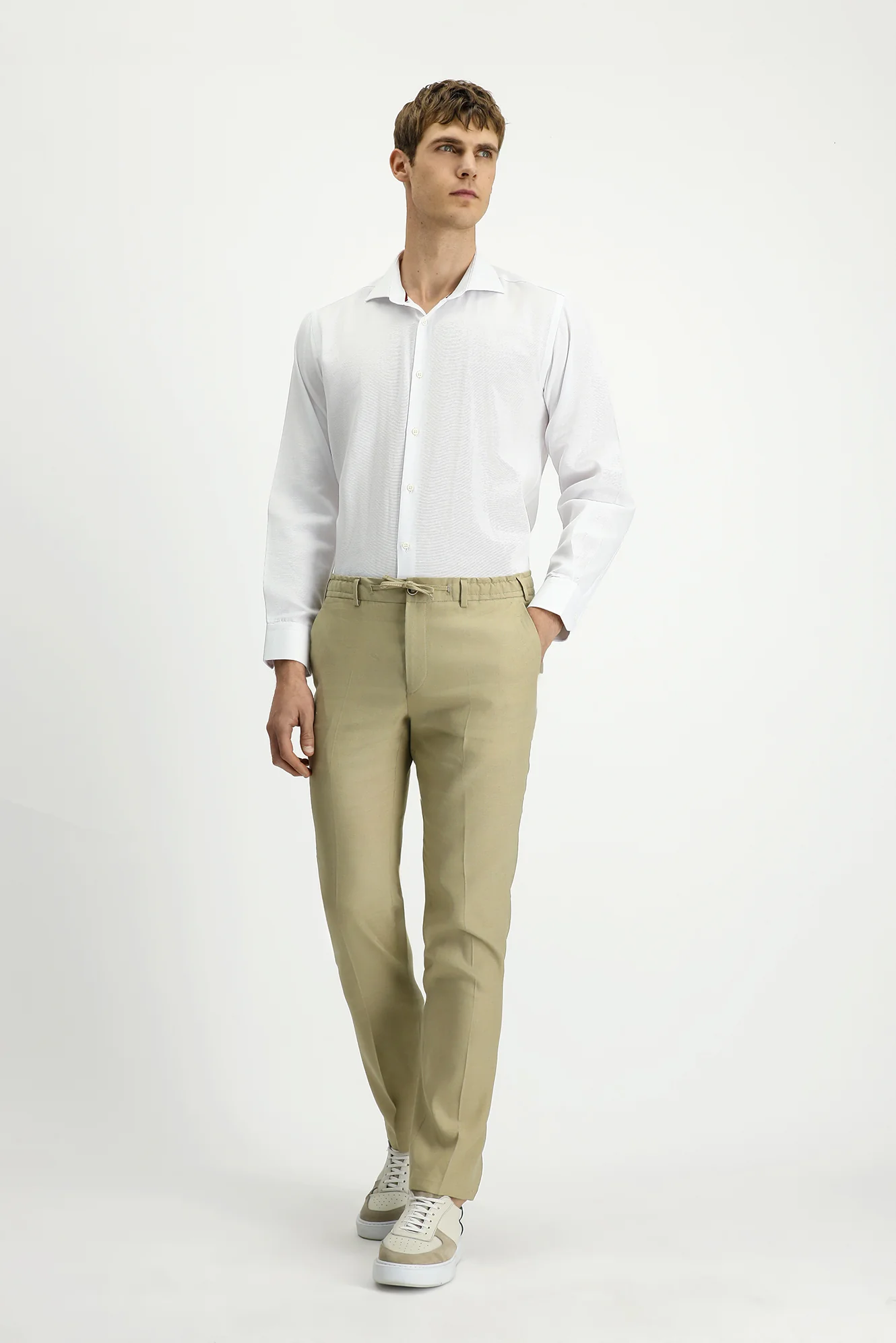 Orta Bej 7 Drop Slim Fit Dar Kesim Beli Lastikli İpli Keten Karışımlı Jogger Pantolon - Image 2
