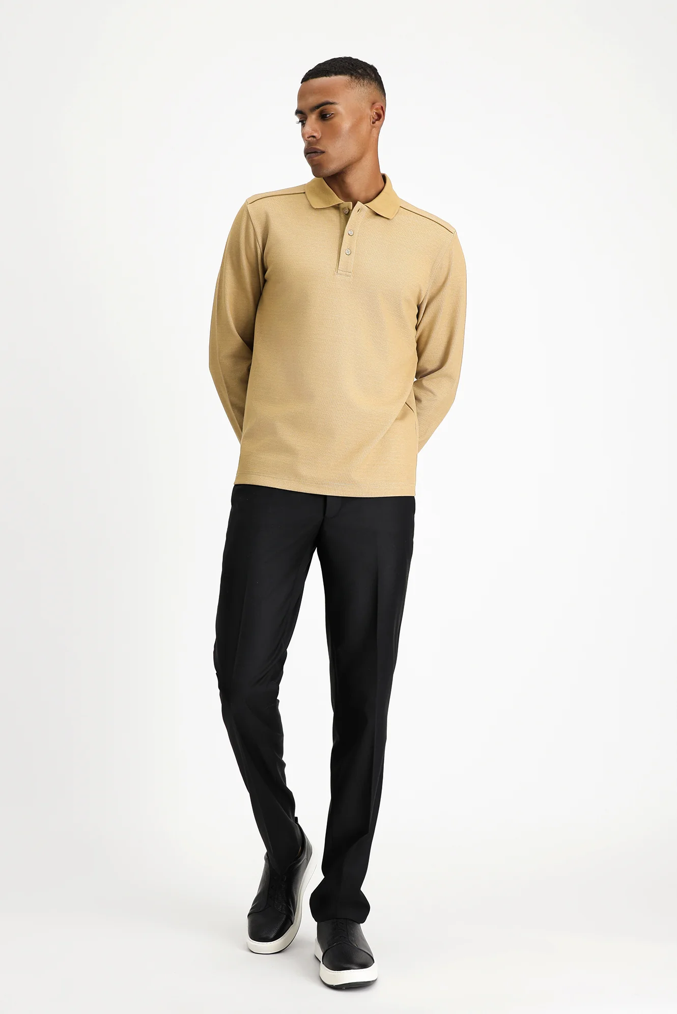 Orta Bej Polo Yaka Regular Fit Desenli Sweatshirt