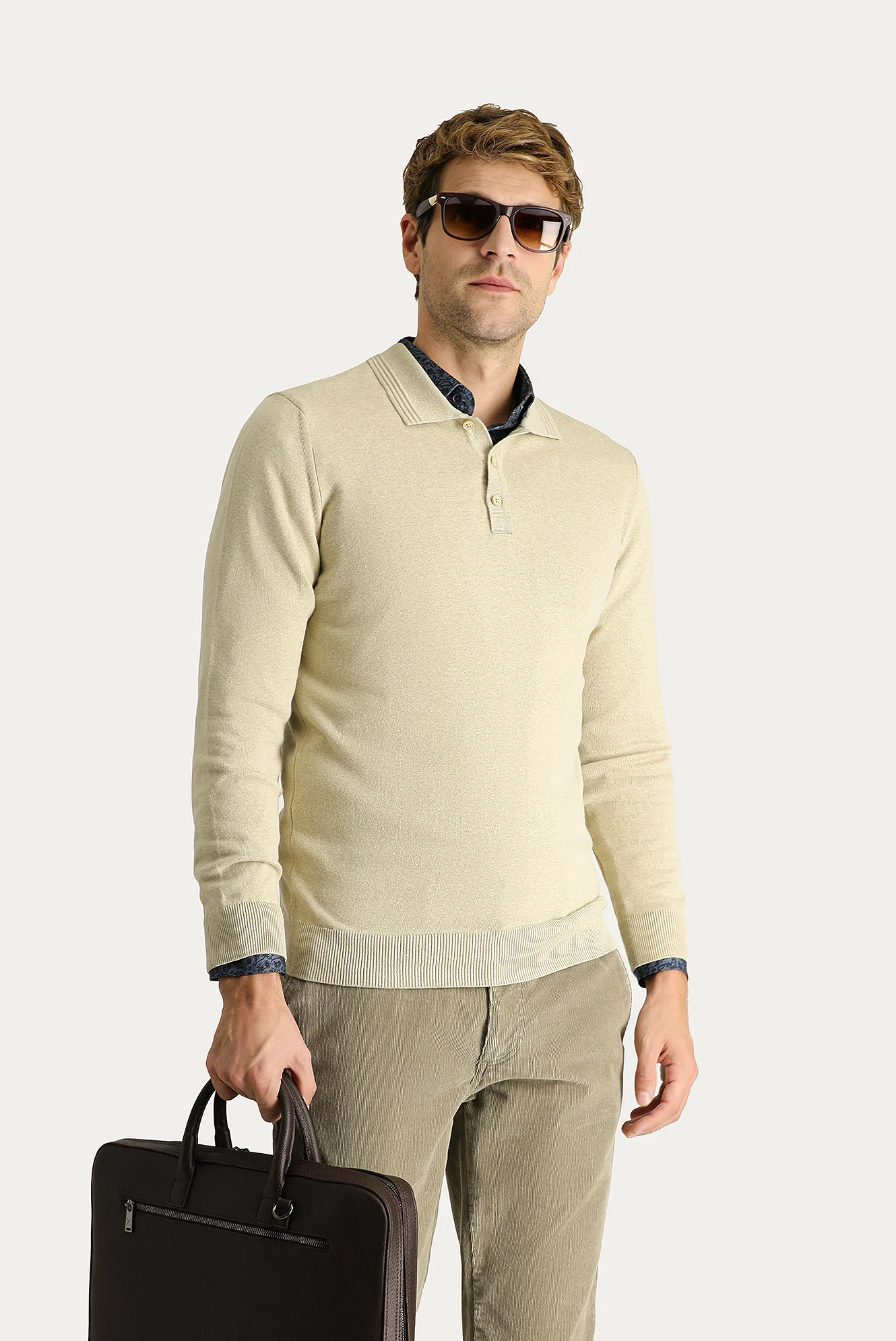 Orta Bej Polo Yaka Regular Fit Pamuklu Triko Kazak