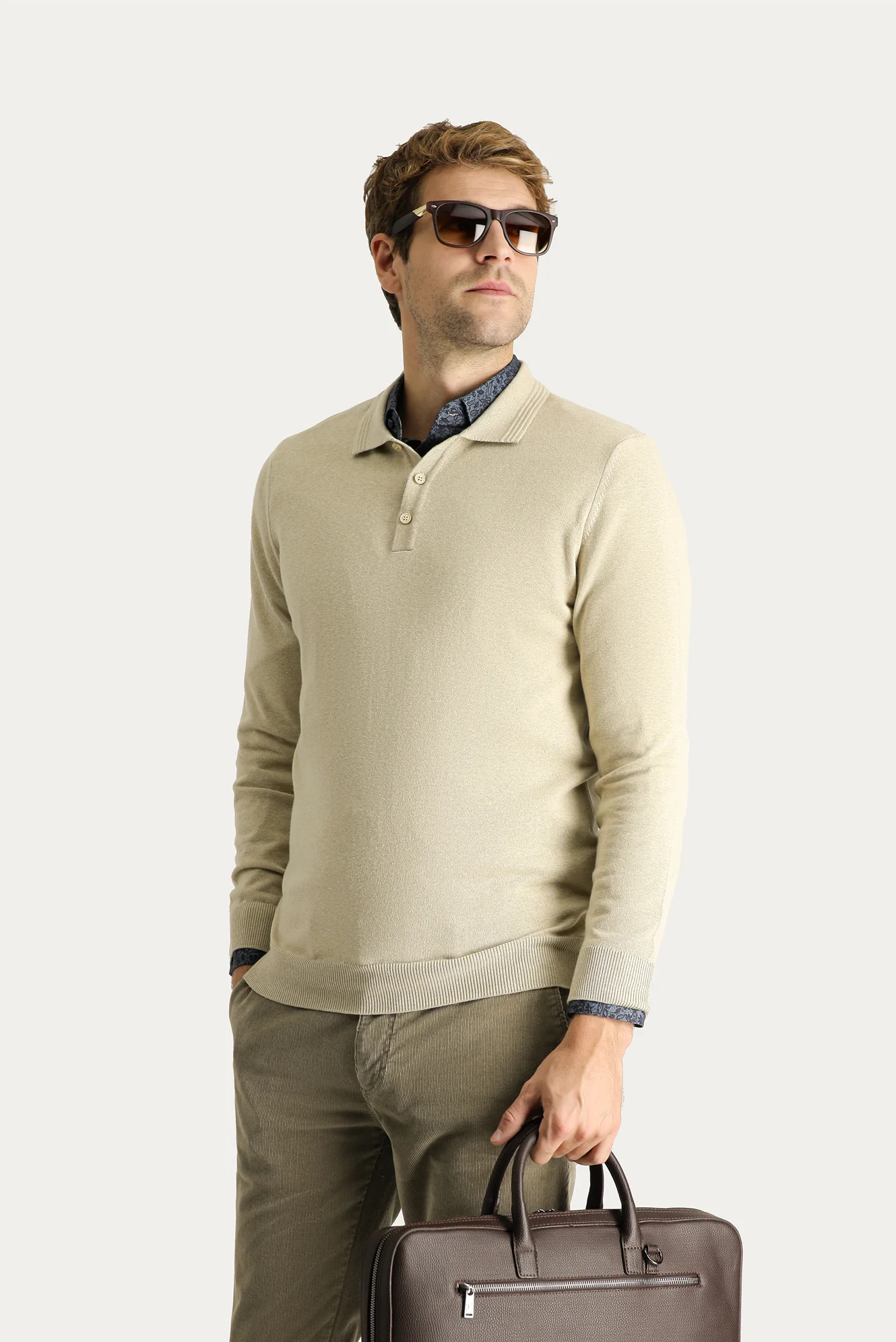 Orta Bej Polo Yaka Regular Fit Pamuklu Triko Kazak - Image 2