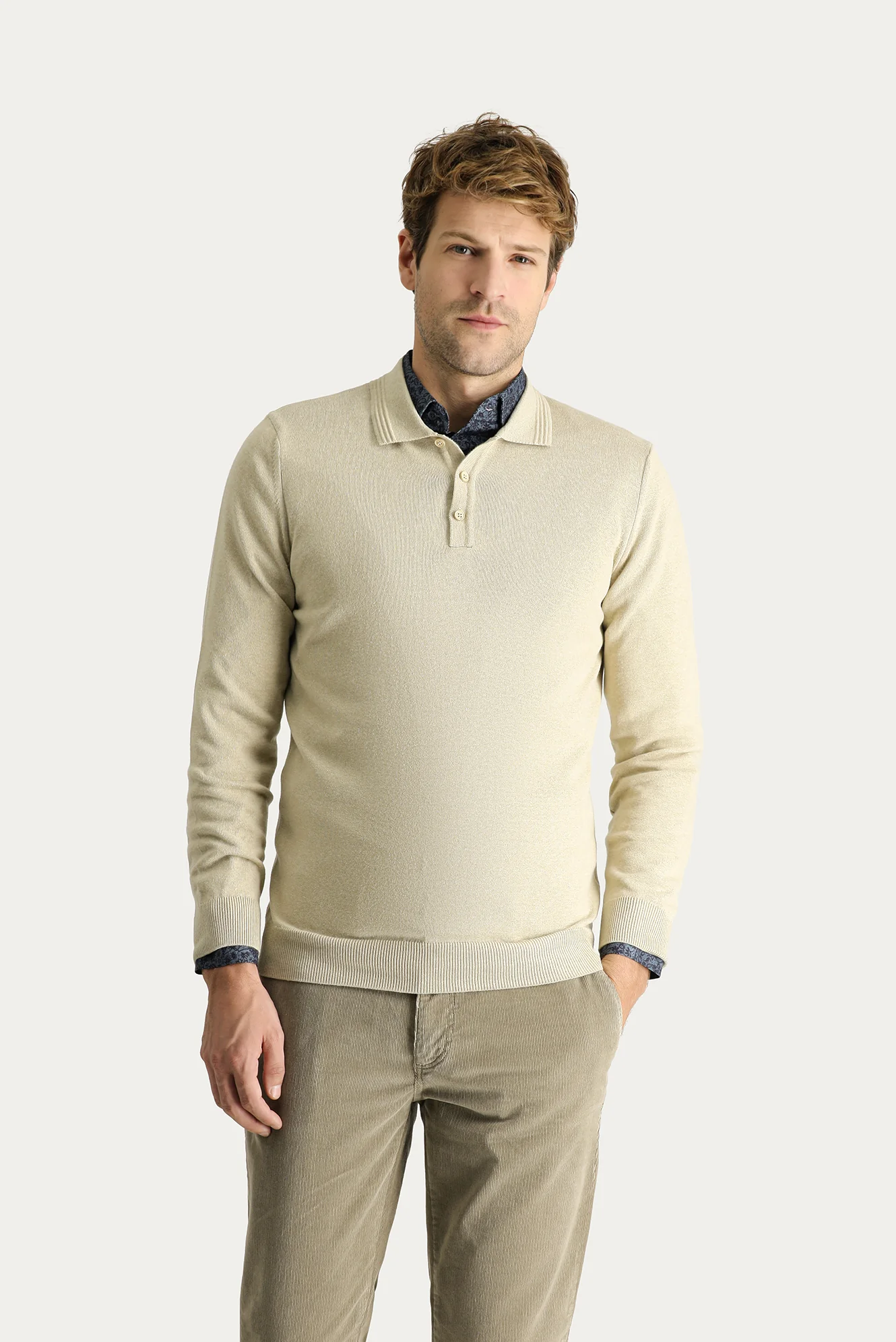 Orta Bej Polo Yaka Regular Fit Pamuklu Triko Kazak - Image 3