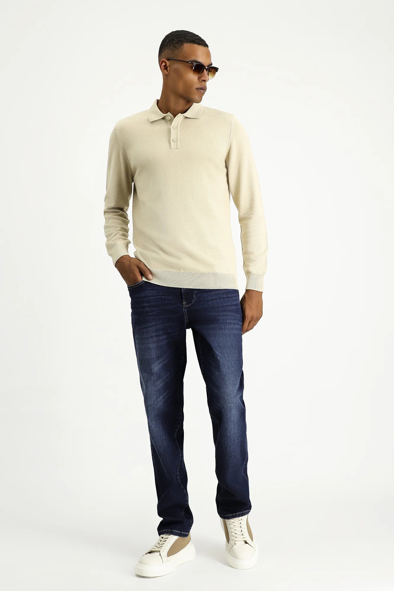 Orta Bej Polo Yaka Regular Fit Pamuklu Triko Kazak - Image 2