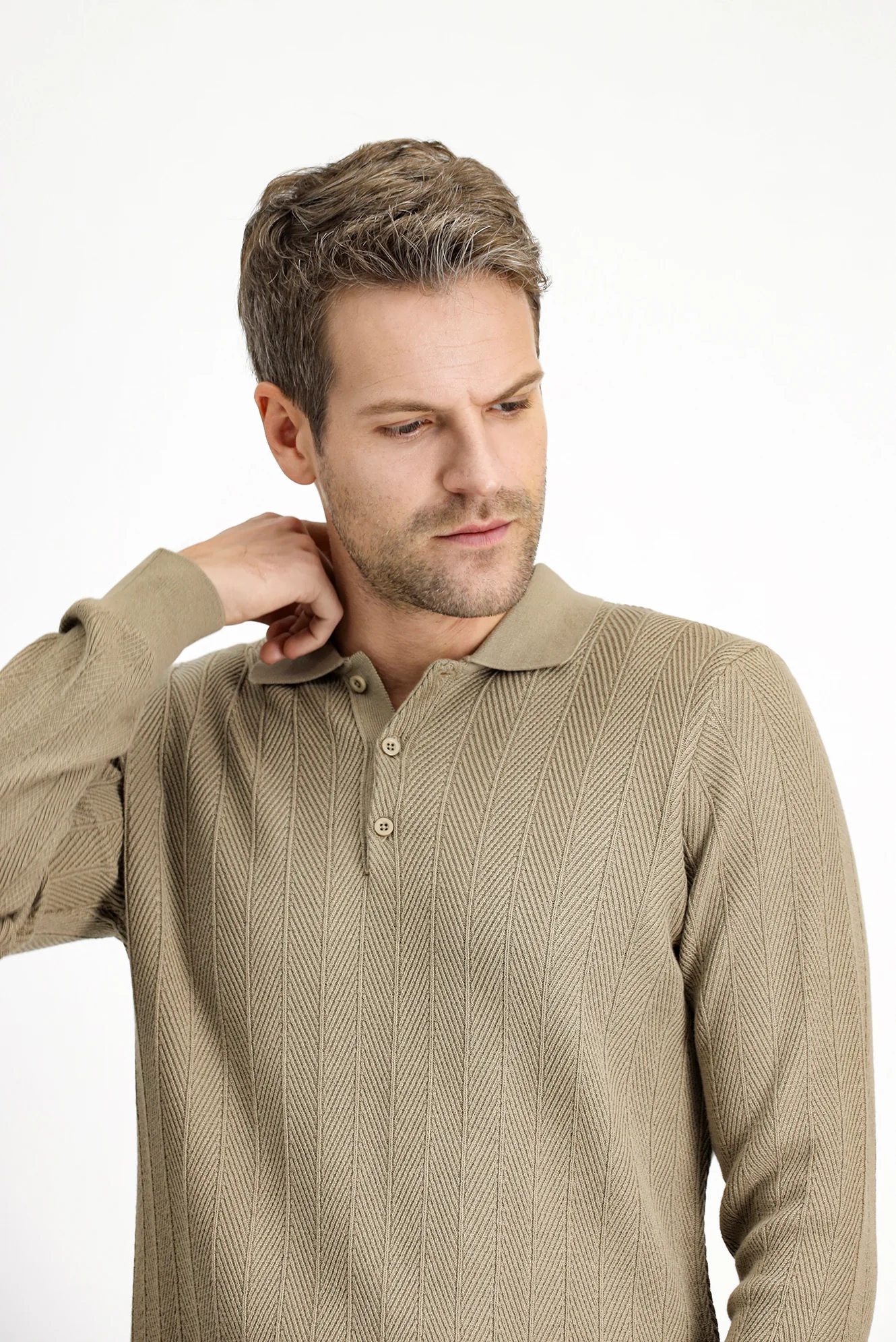 Orta Bej Polo Yaka Düğmeli Slim Fit Desenli Pamuklu Triko Kazak