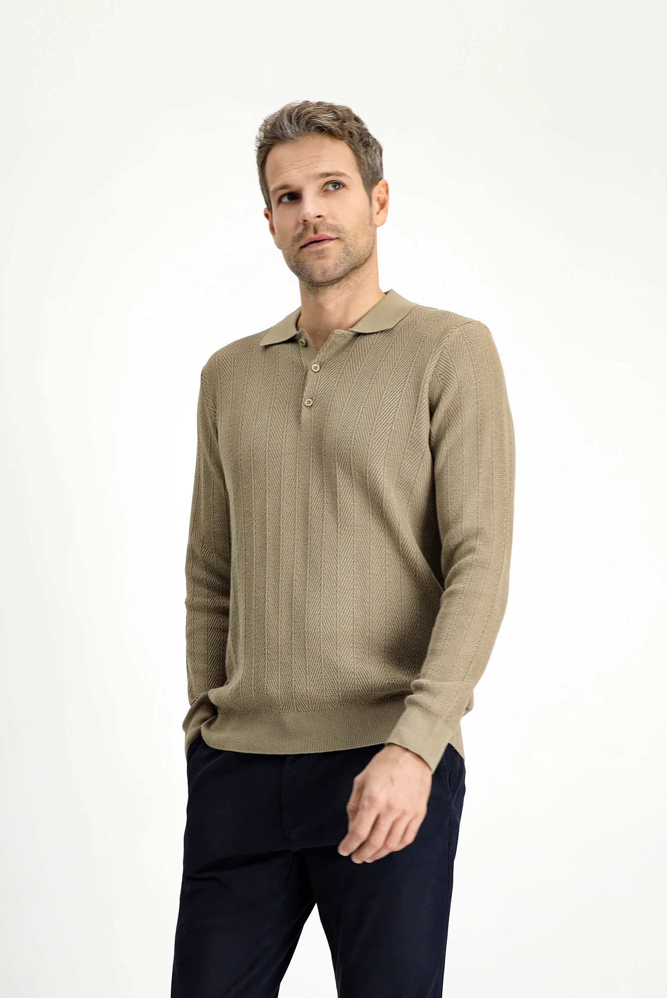 Orta Bej Polo Yaka Düğmeli Slim Fit Desenli Pamuklu Triko Kazak - Image 2