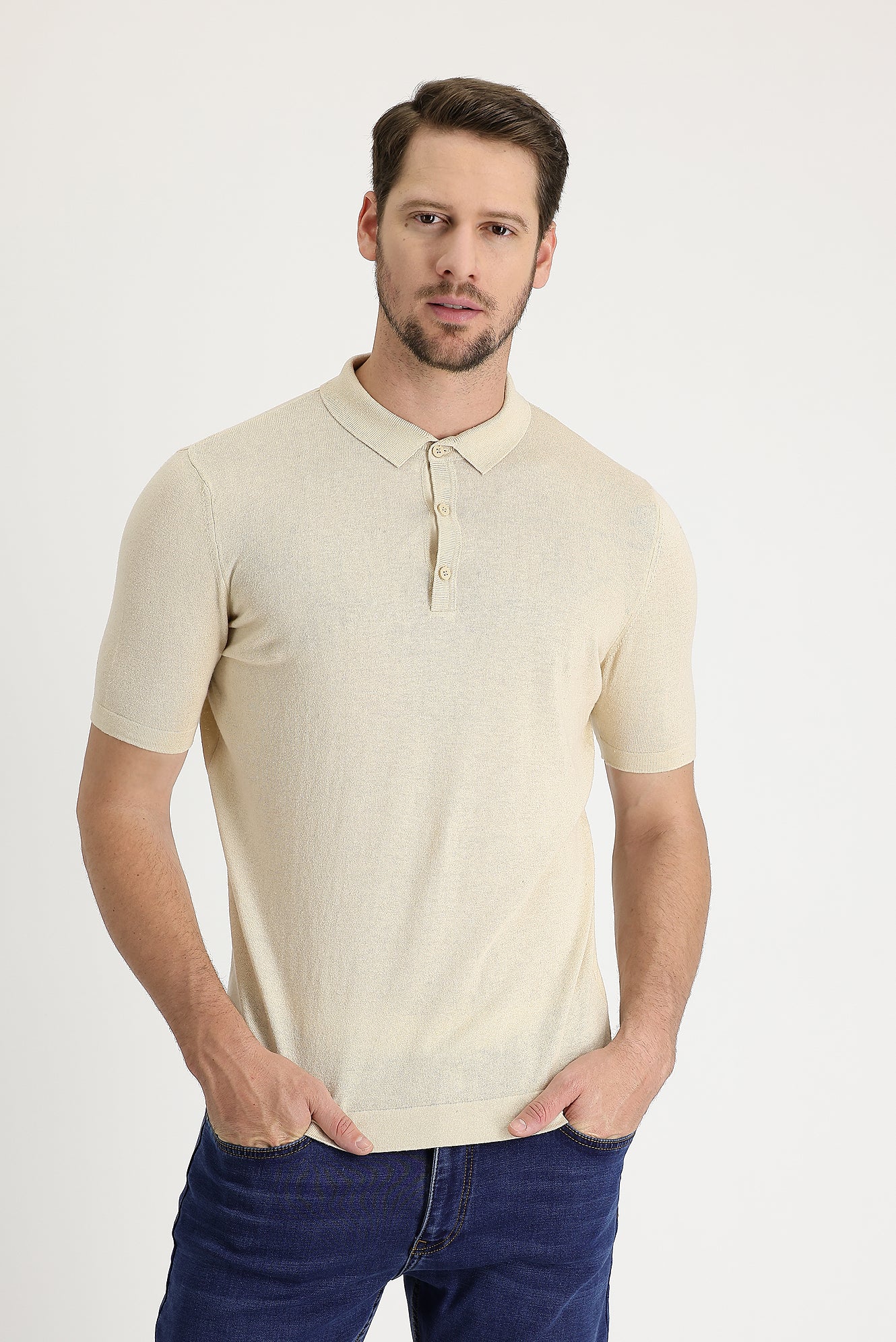 Orta Bej Polo Yaka Slim Fit Dar Kesim Keten Tişört