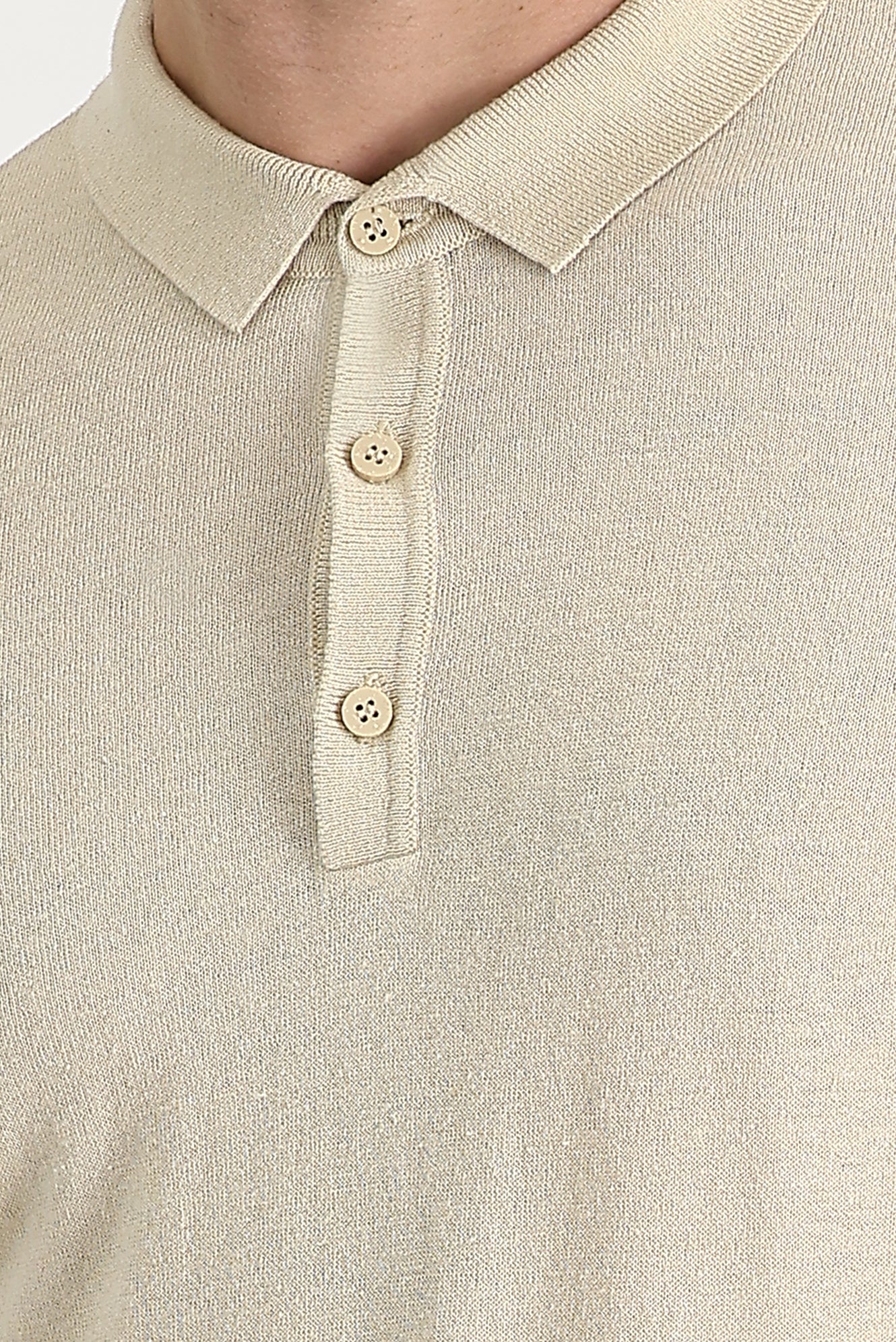 Orta Bej Polo Yaka Slim Fit Dar Kesim Keten Tişört - Image 2