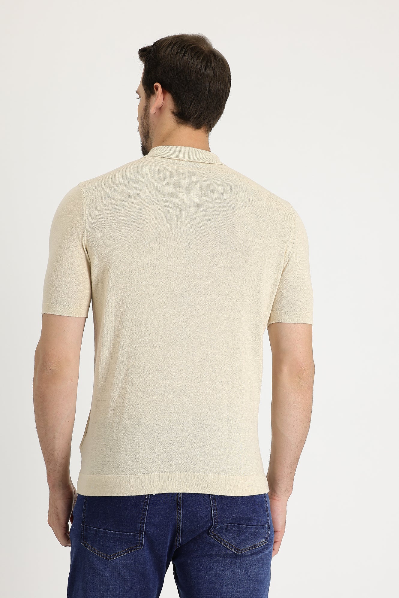 Orta Bej Polo Yaka Slim Fit Dar Kesim Keten Tişört - Image 3