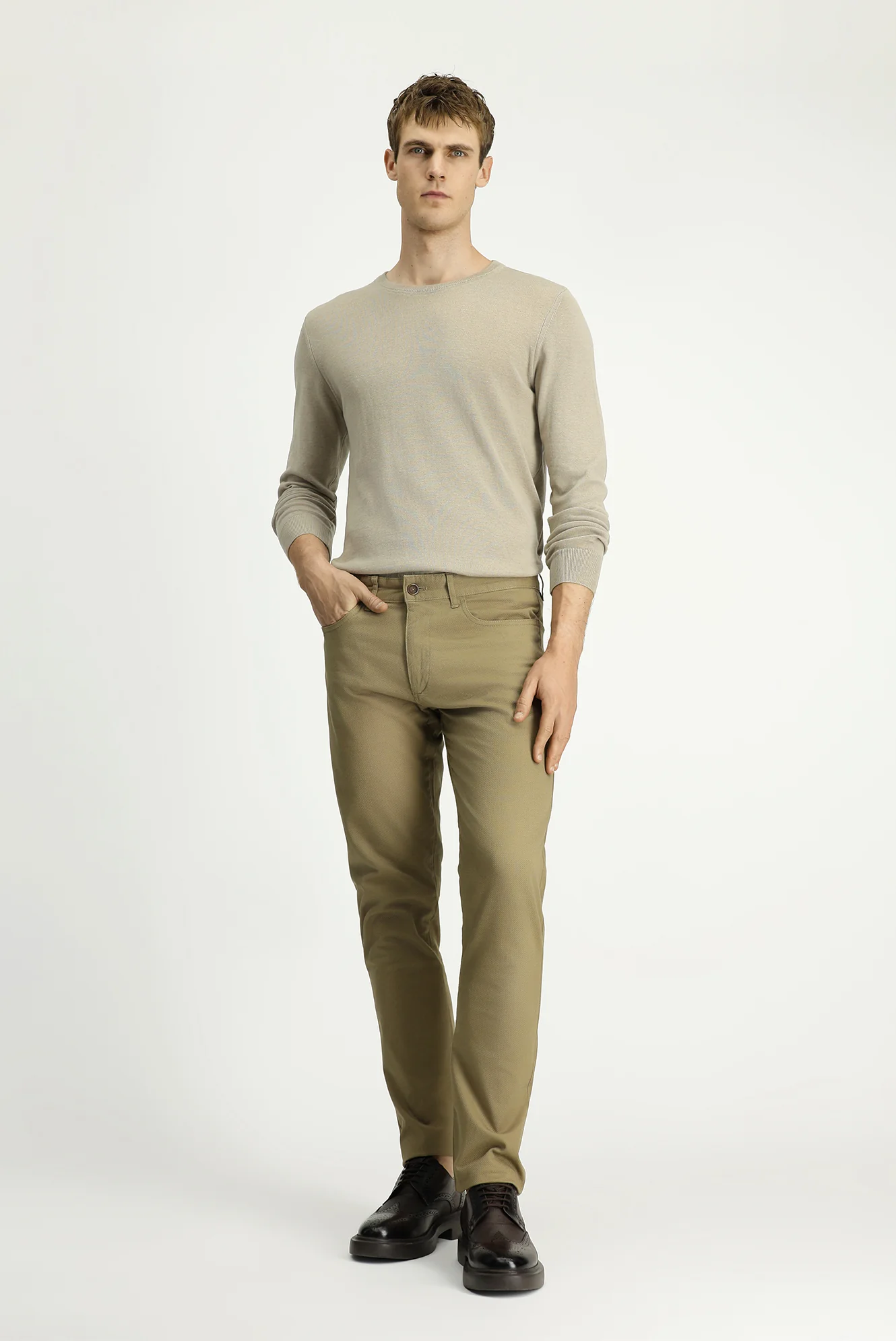 Orta Bej Regular Fit Standart Kesim Desenli Likralı Kanvas / Chino Pantolon - Image 3