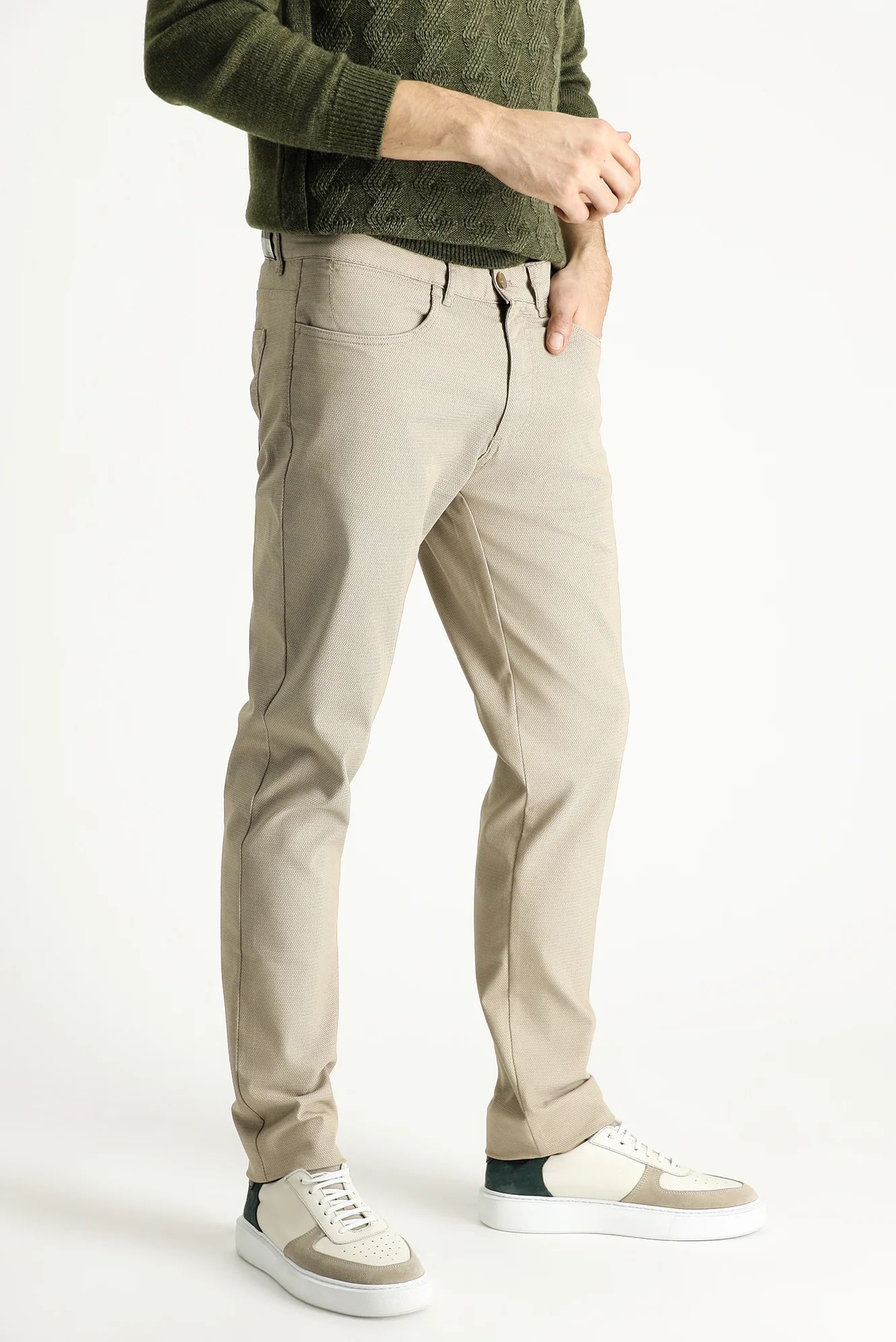 Orta Bej Regular Fit Standart Kesim Desenli Likralı Kanvas / Chino Pantolon - Image 3