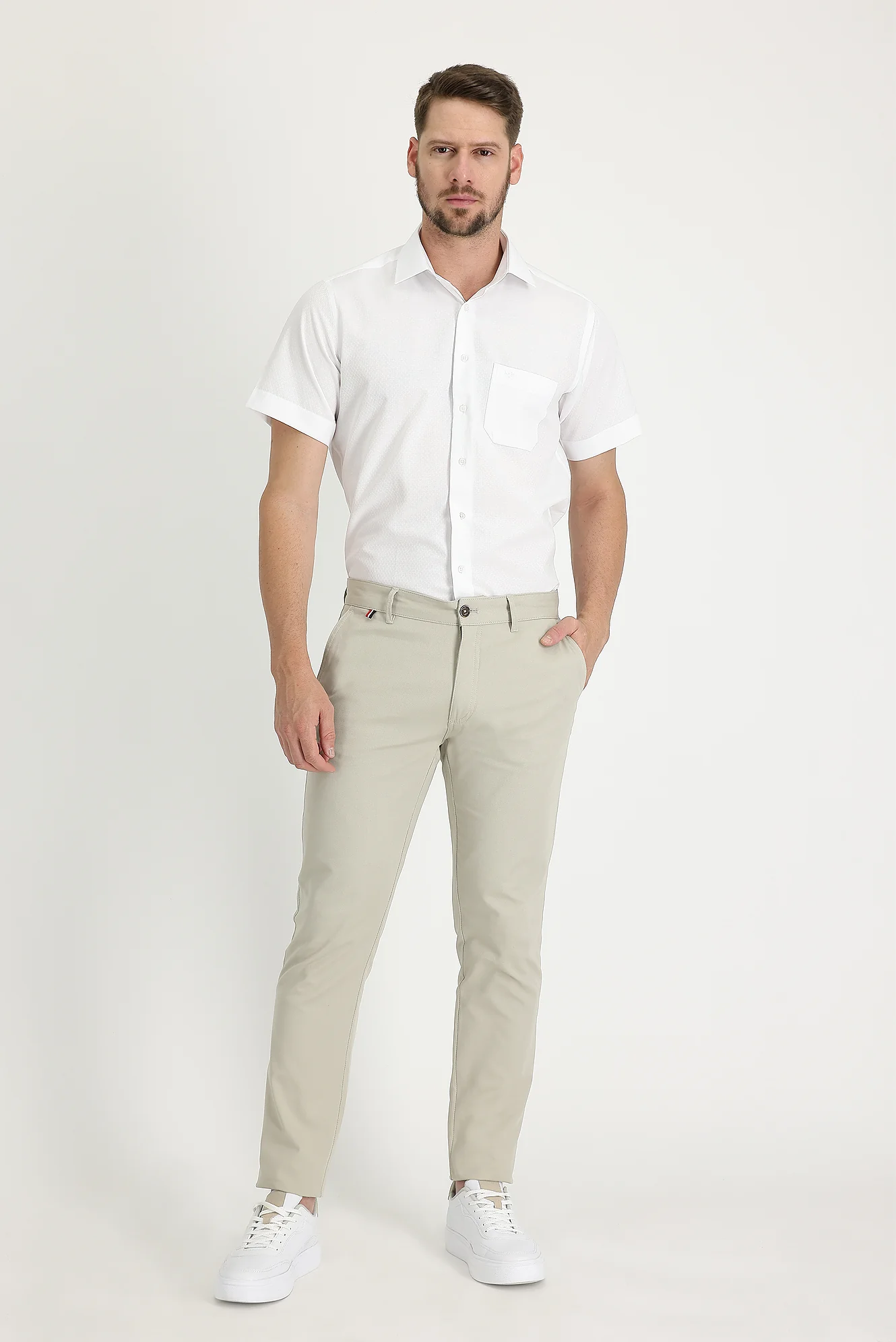 Orta Bej Regular Fit Standart Kesim Desenli Likralı Kanvas / Chino Pantolon